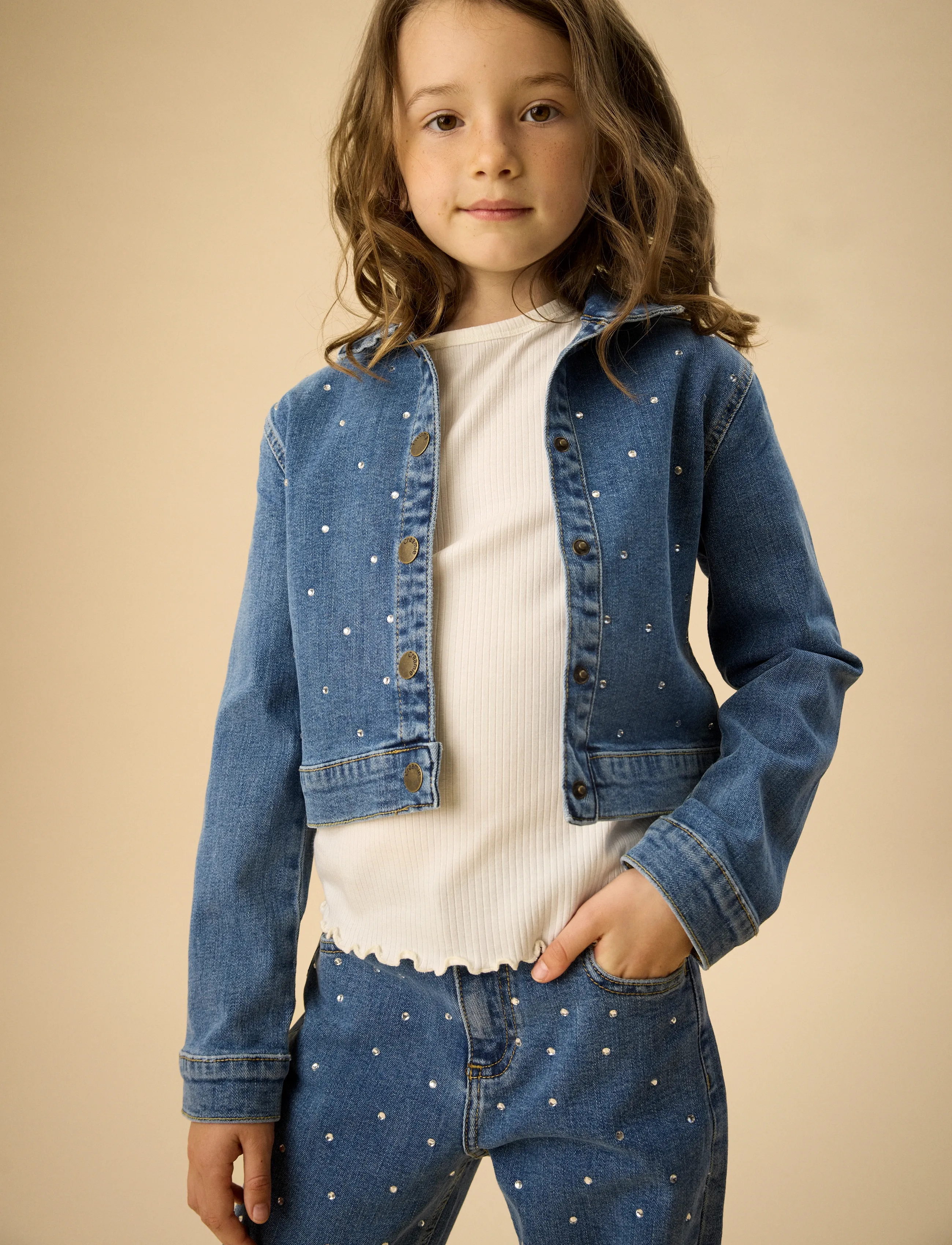 Creamie Jacket Denim Rhinestones, 128, Blue, Jakker Og Frakker > Denim Og Fløjl, Børn