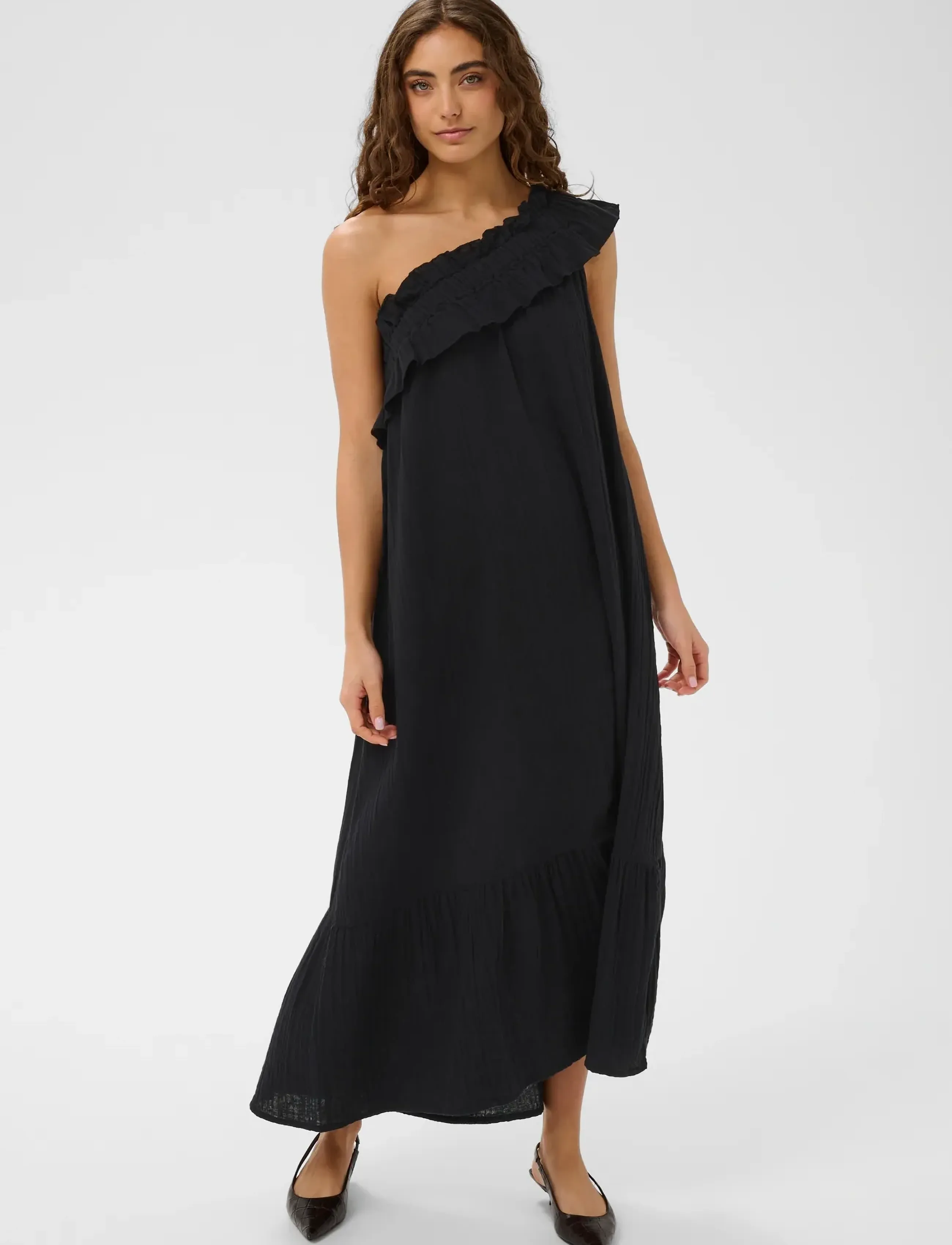 Culture Cuelina One Shoulder Dress, Kvinder, Én Skulder Flæse Maxikjole, Sort, Str: L