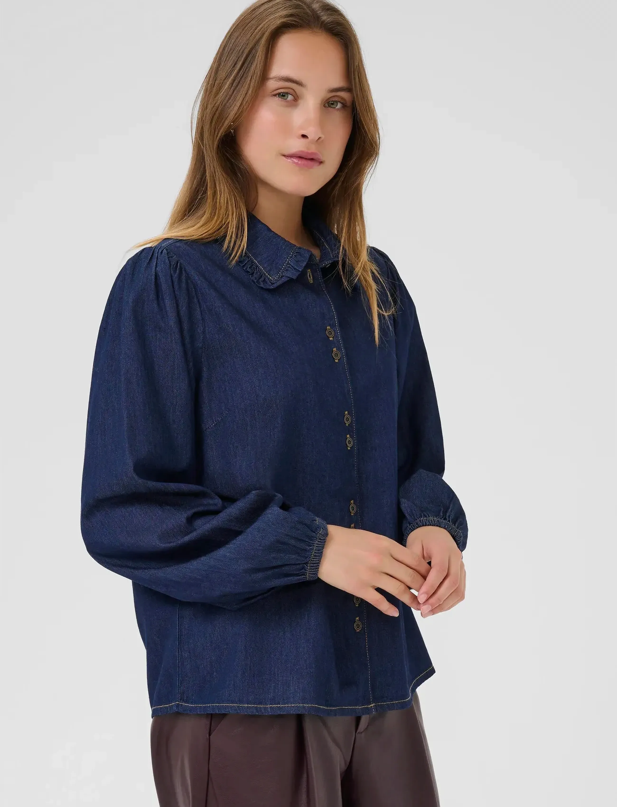 Culture Cuhilka Arpa Shirt, Kvinder, Flæsekrave Denim Bluse, Navy, Str: XS