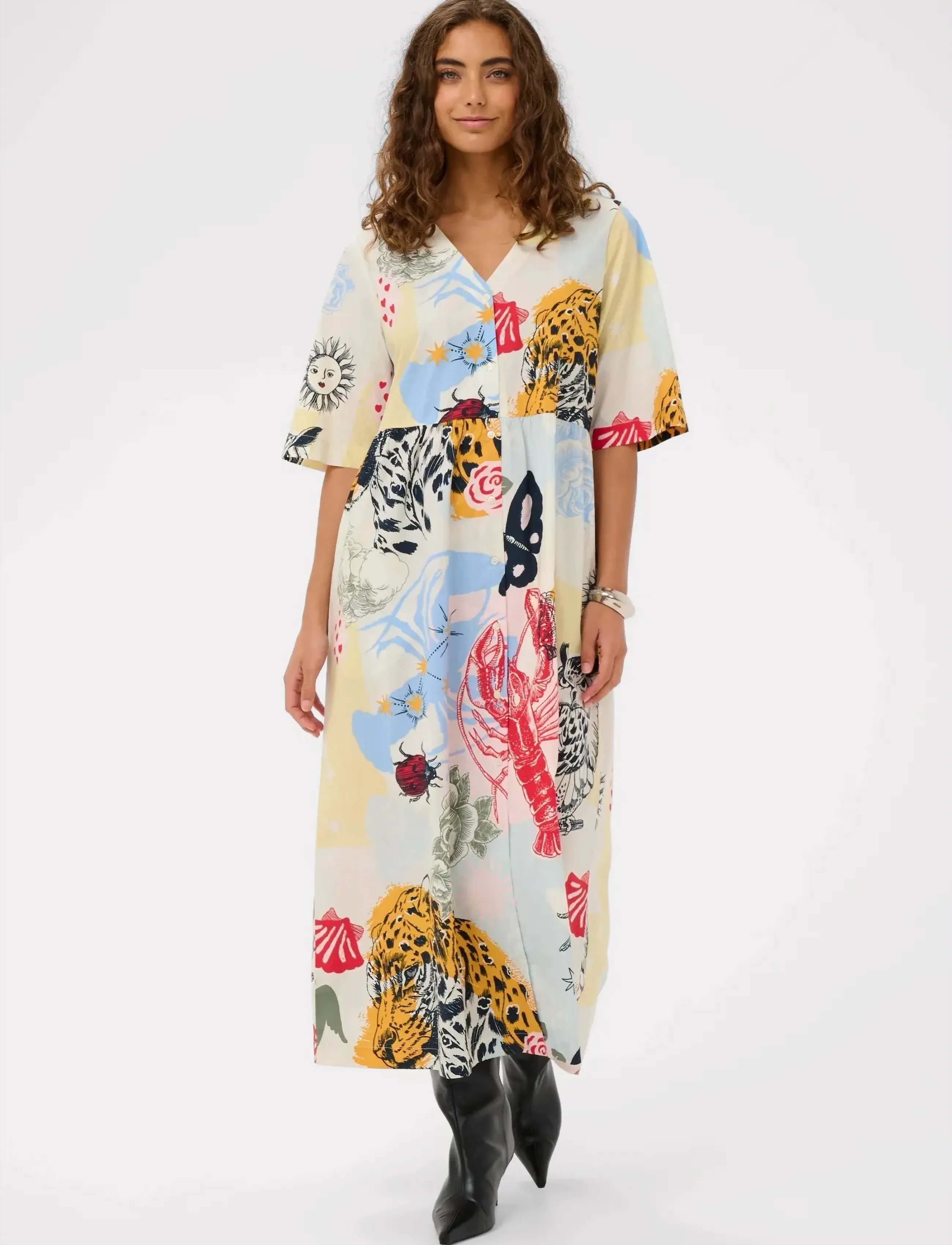 Culture CUashmo Olena Long Dress - Klänningar - BLUE/RED ANIMAL / cream