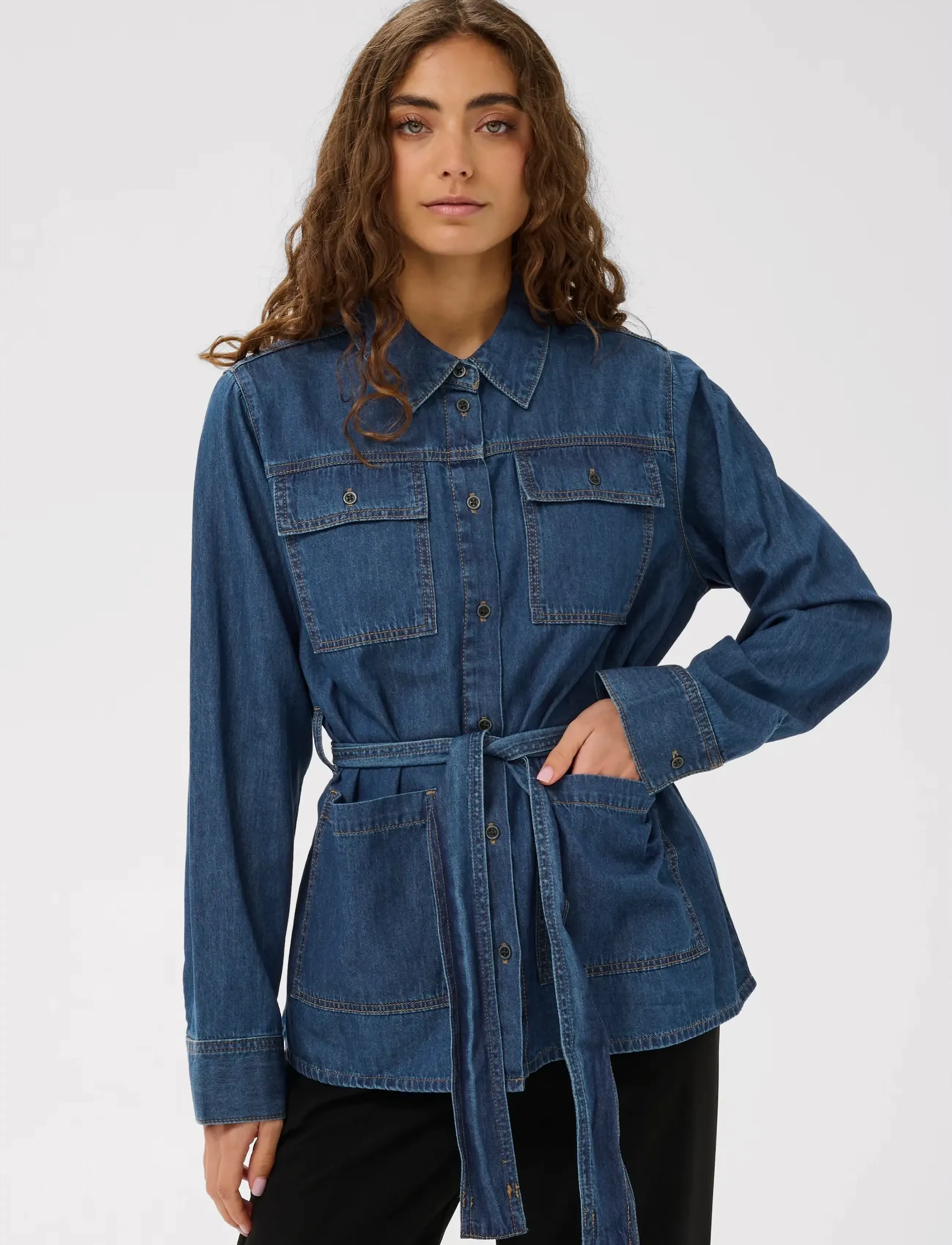 Culture Culava Arpa Shirt, Kvinder, Bæltet Denim Skjorte, Blå, Str: L
