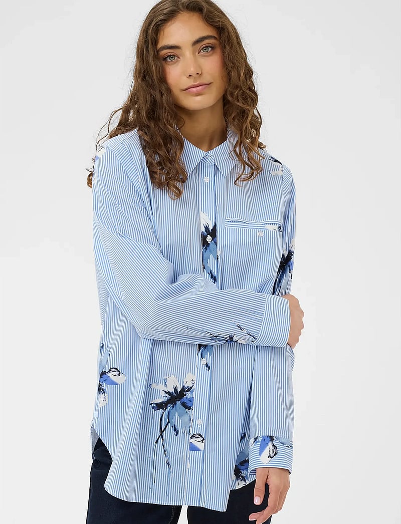 Culture - CUbrila Long Shirt - langærmede skjorter - blue flower stripe - 0