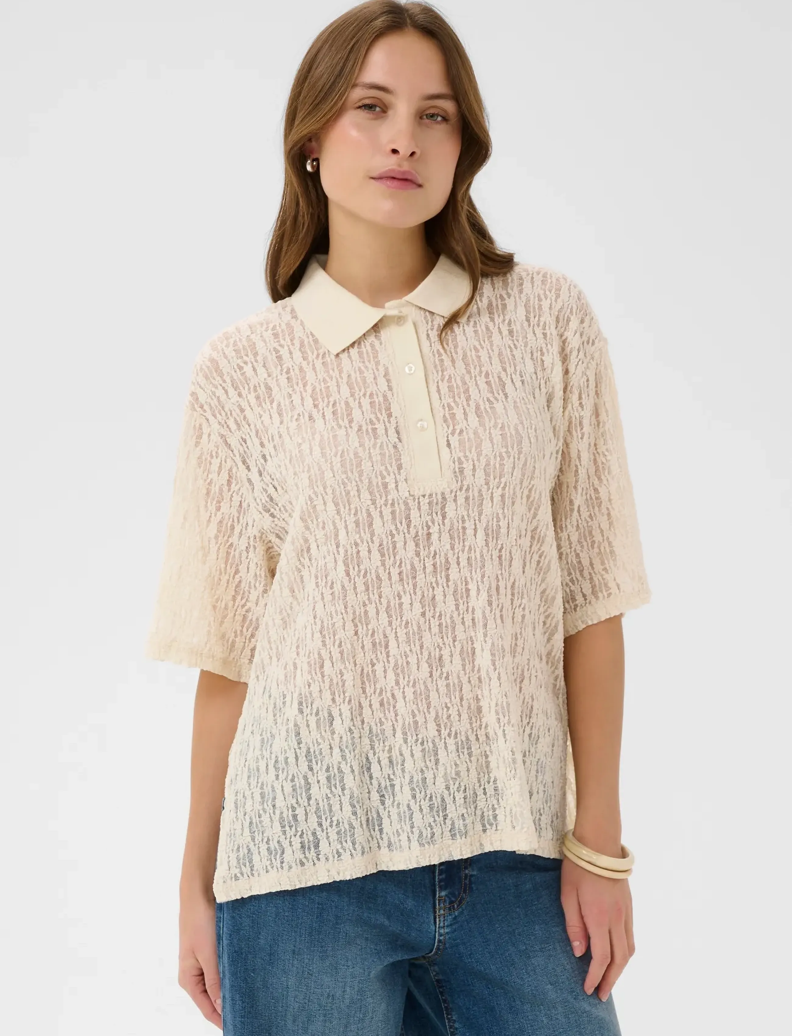 Culture Cukine Lace Tee, L, Cream, Bluser > Kortærmede, Dame