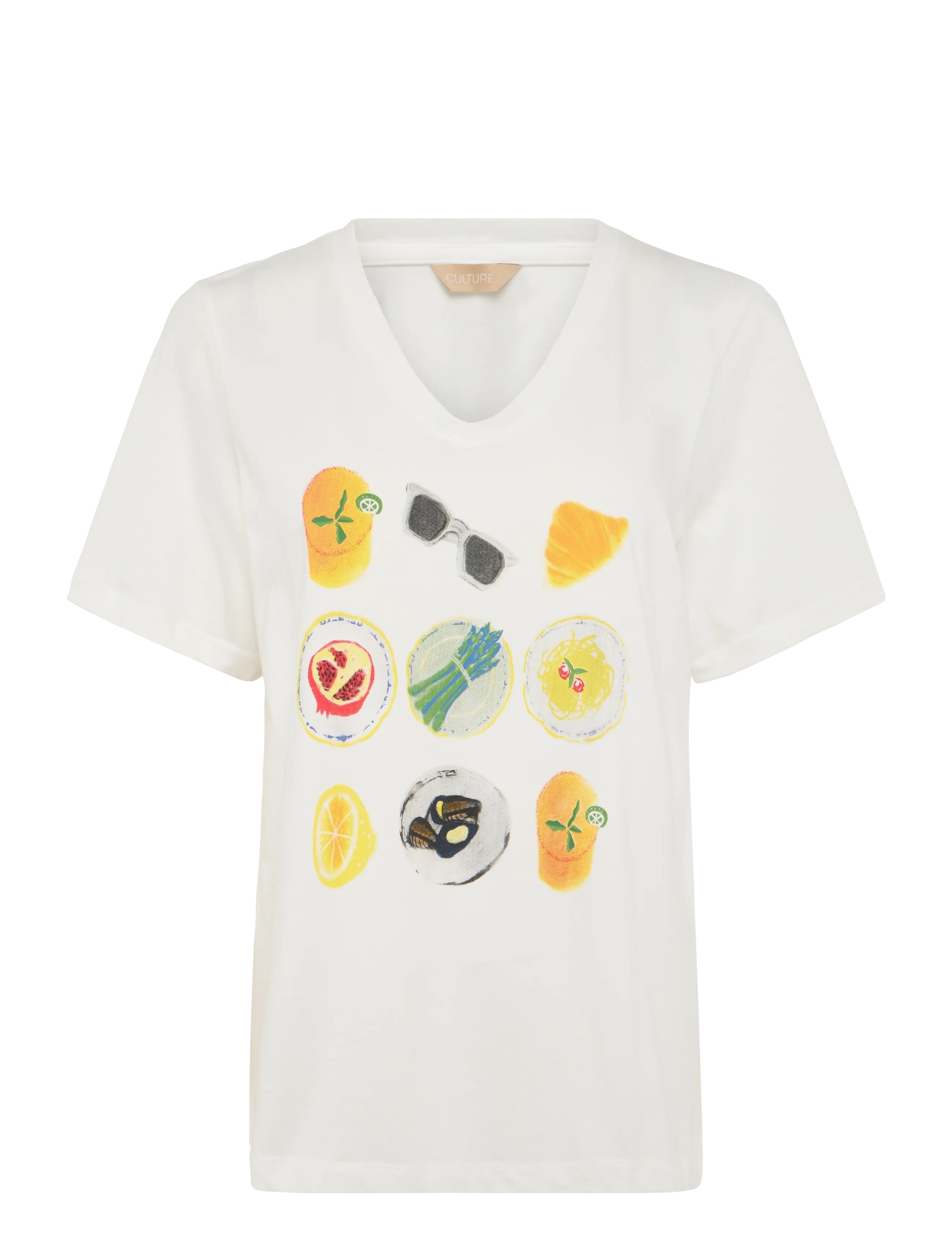 Culture Cucahil Gith T-Shirt, Kvinder, Grafisk Print V-Hals T-Shirt, Cream, Str: XL