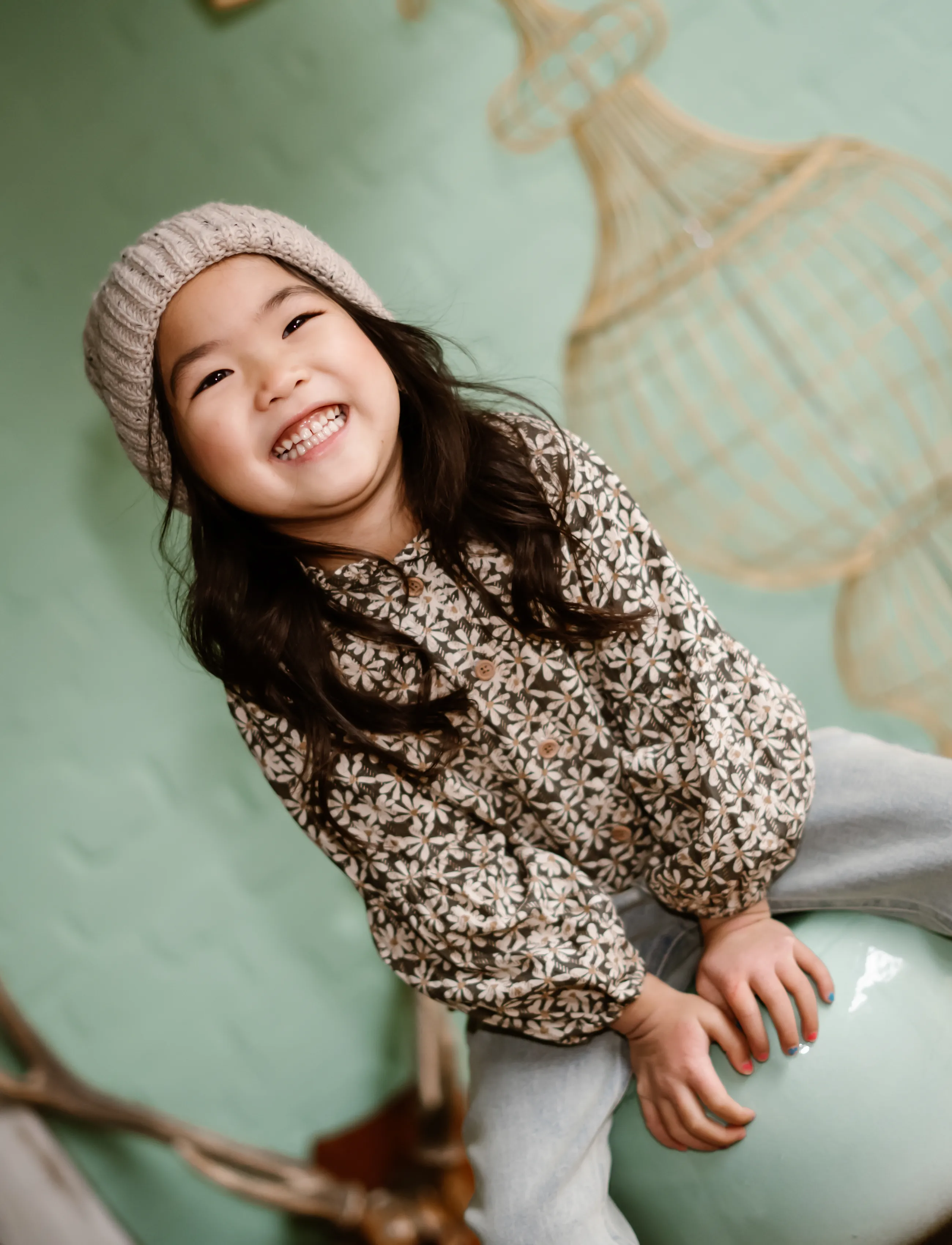Daily 7 Shirt Longsleeve Shiny Flower, Børn, Langærmet Blomstret Flæsebluse, Grøn, Str: 116