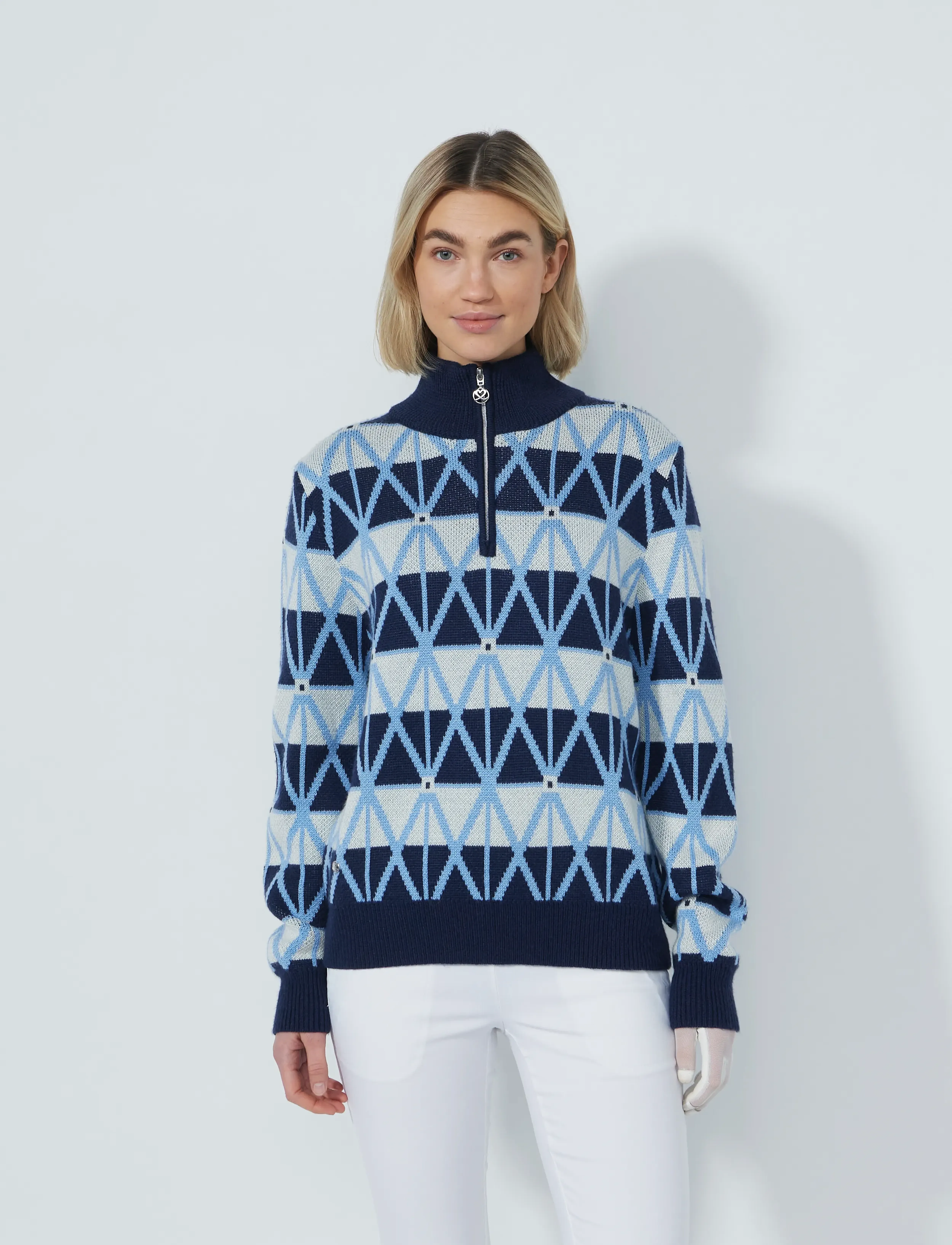 Daily Sports Argyle Half Neck Pullover Lined, Kvinder, Argyle Halv-Lynlås Pullover, Navy, Str: XL