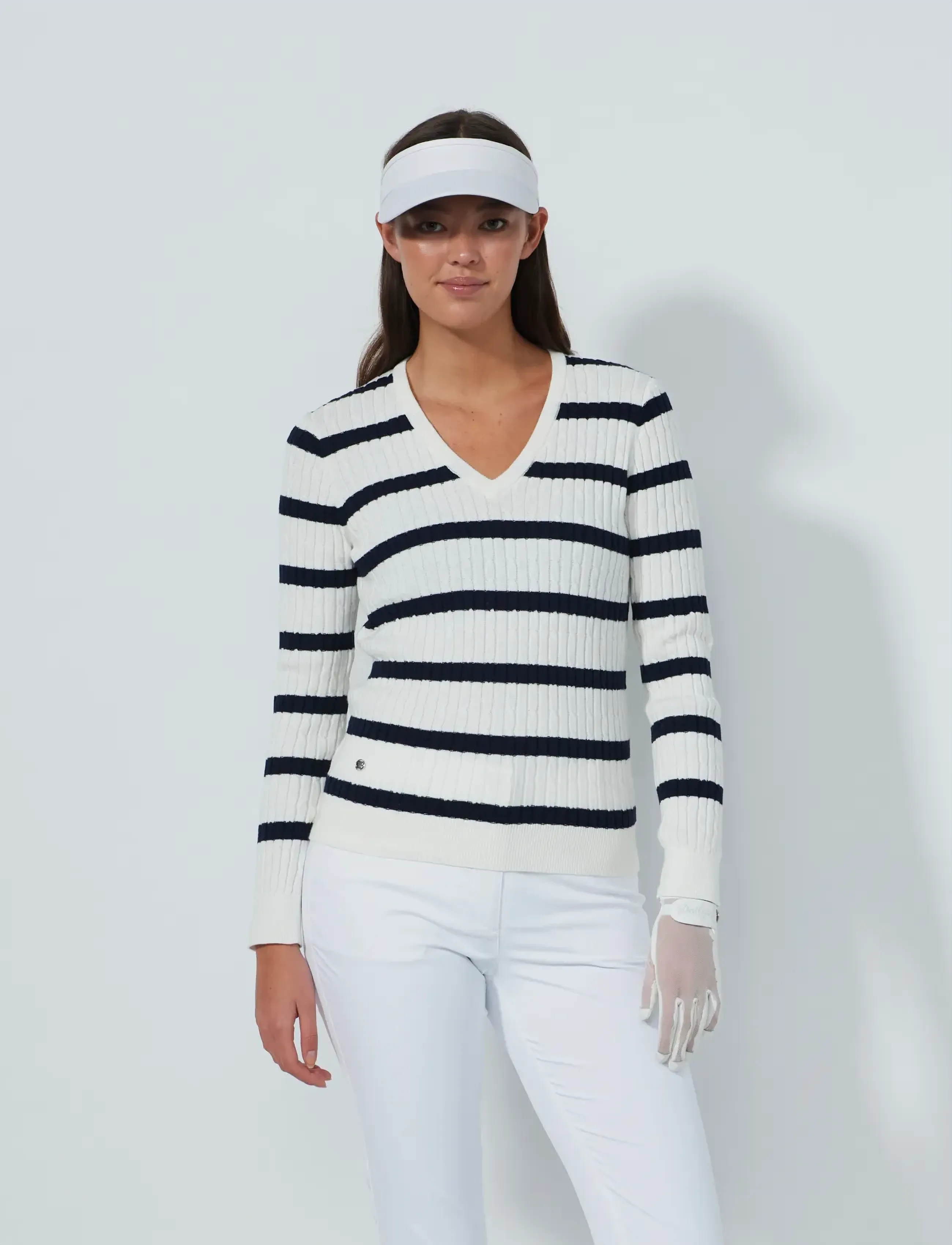 Daily Sports Stripe Madelene Pullover, Kvinder, Stribet V-Hals Pullover, Hvid, Str: S