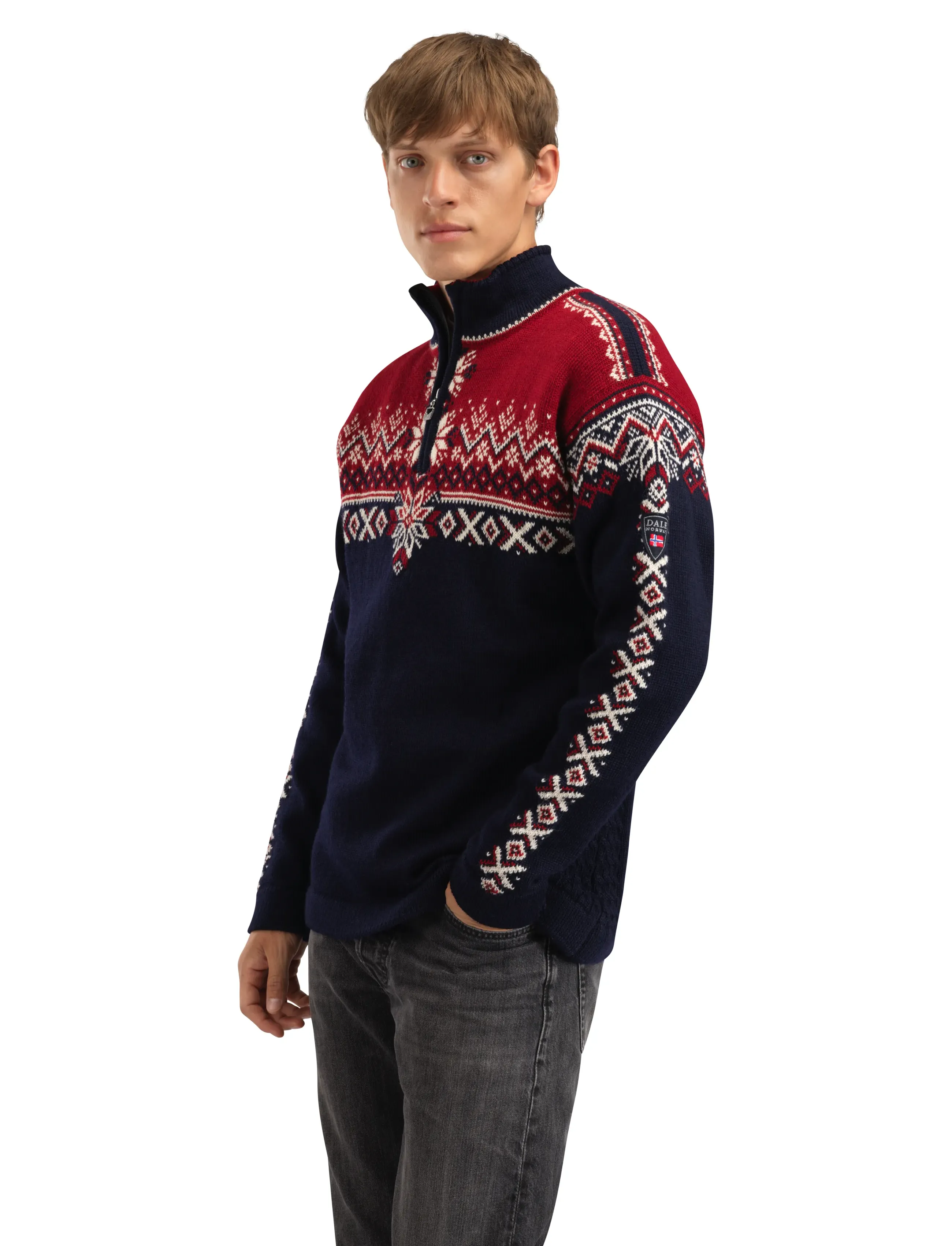 Dale of Norway - 140th Anniversary Masc Sweater - navy redrose offwhite - 3