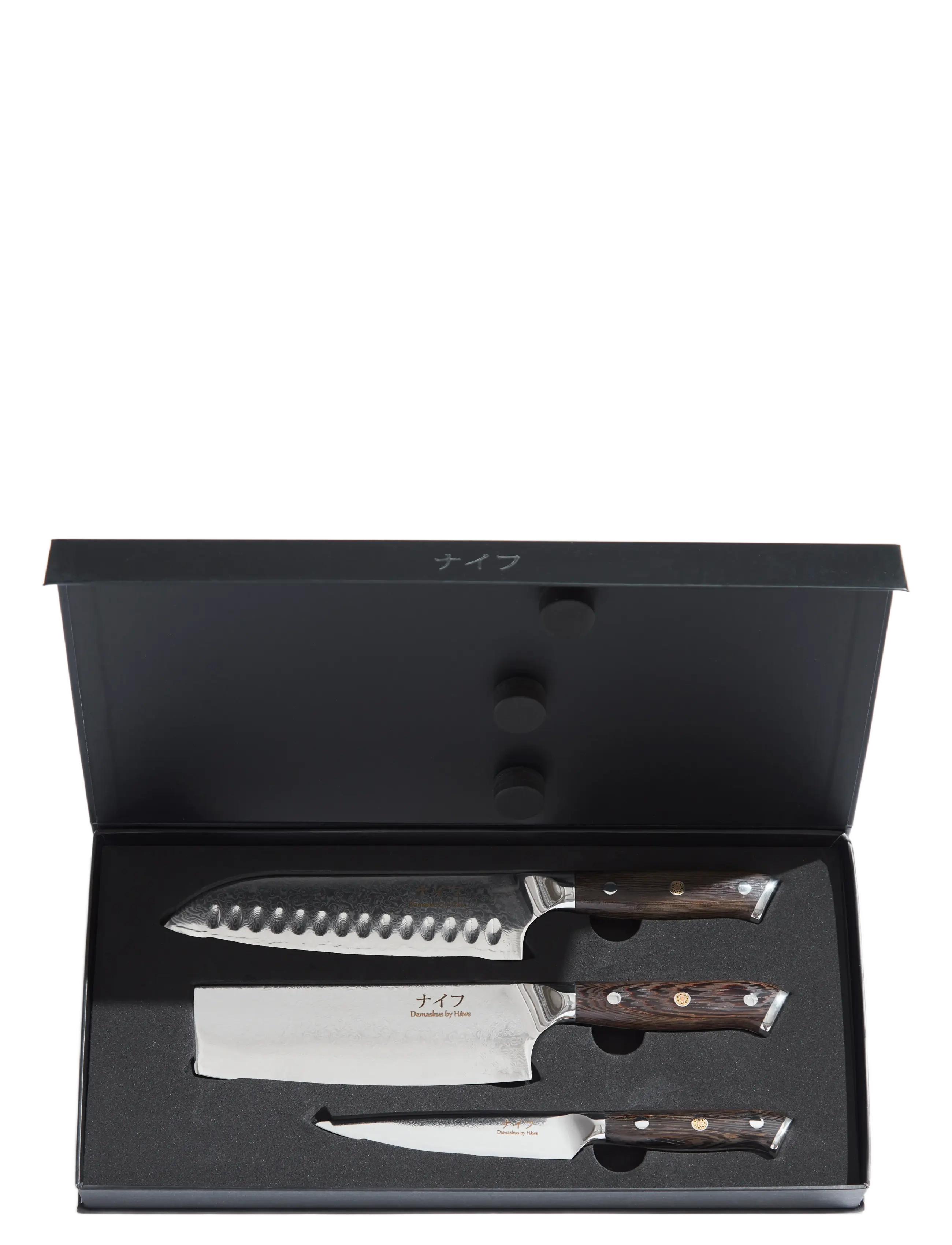 Damascus by Hâws Santoku Knife 31,7 Cm + Vegetable Knife 30 Cm + Utility Knife 24Cm Wengé - Køkkenknive & Knivtilbehør - BLACK / brown