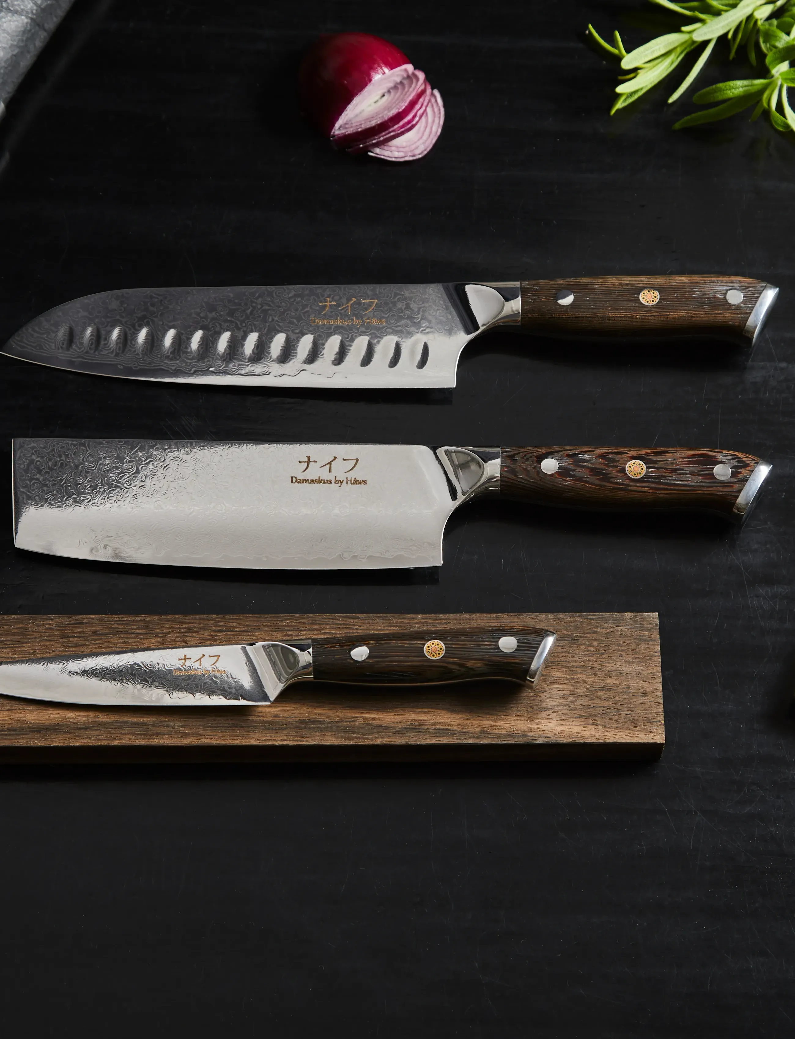Damascus by Hâws Santoku Knife 31,7 cm + Vegetable Knife 30 cm + Utility Knife 24cm Wengé, One Size, Brown, Knive Og Tilbehør > Knivsæt, Unisex