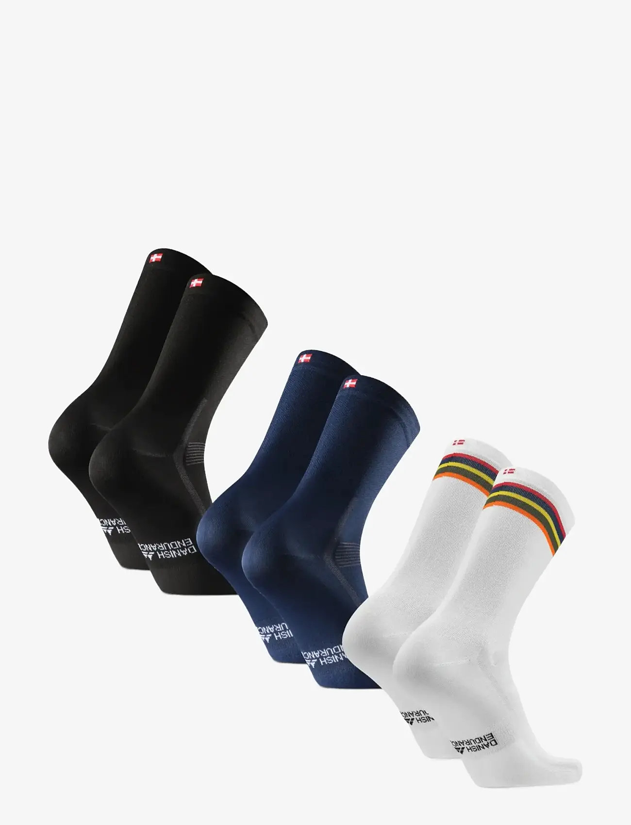 Danish Endurance - High Cycling Socks 3 Pack - sport socks - multicolor (1x black, 1x blue, 1x white/stripes) - 3