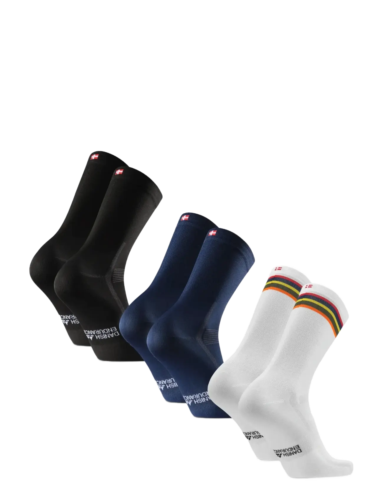 Danish Endurance - Aero Cycling Crew Socks 3-pack - träningsstrumpor - multicolor (1x black, 1x blue, 1x white/stripes) - 3