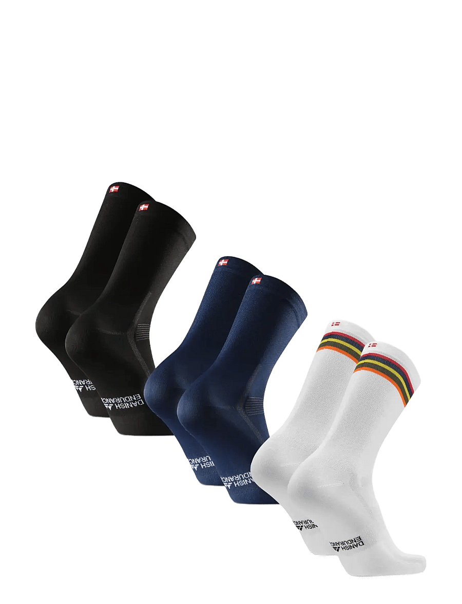 Danish Endurance - Aero Cycling Crew Socks 3-pack - träningsstrumpor - multicolor (1x black, 1x blue, 1x white/stripes) - 3