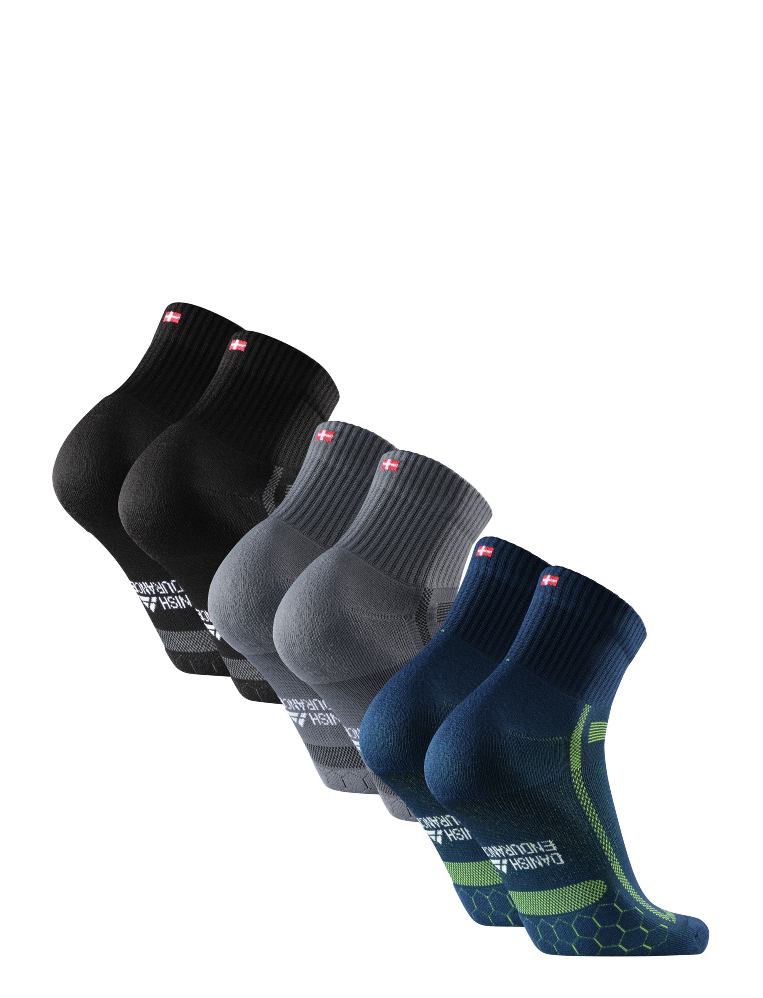Danish Endurance - Long Distance Running Quarter Socks 3-pack - sportstrømper - multicolor (1x black/grey, 1x blue/yellow, 1x grey/black) - 3