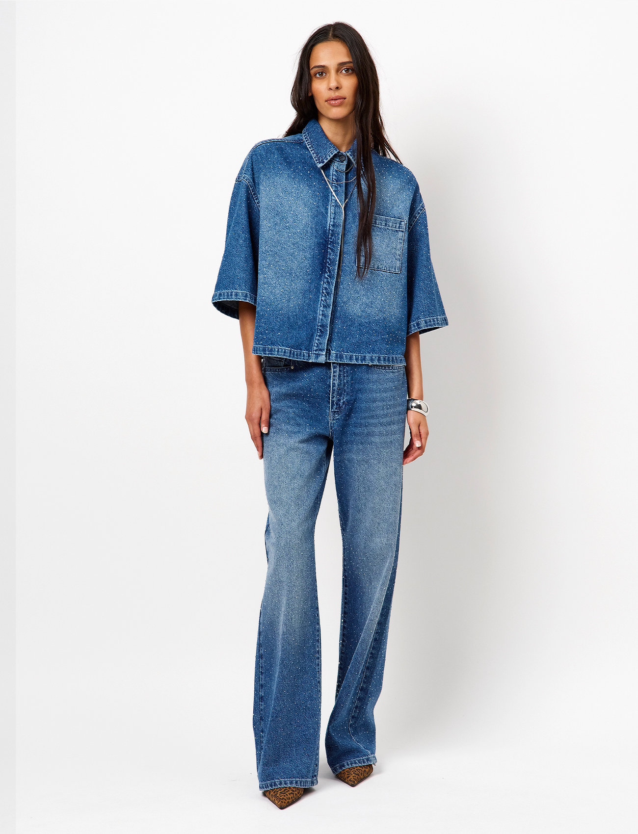 Dante6 Dante6-Daisy Rhinestone Denim Shirt - Blue - 42