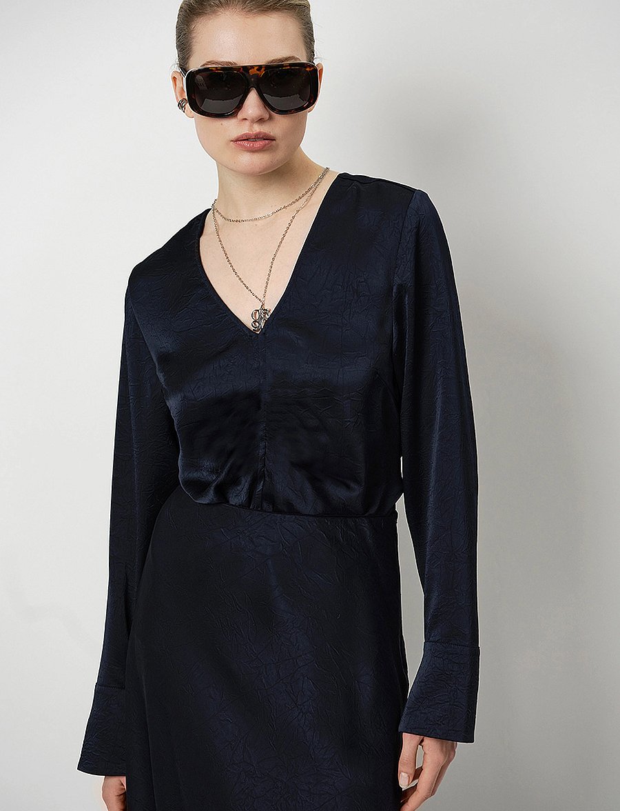 Dante6 - Niyra creased V-neck top - långärmade blusar - nocturnal blue - 0