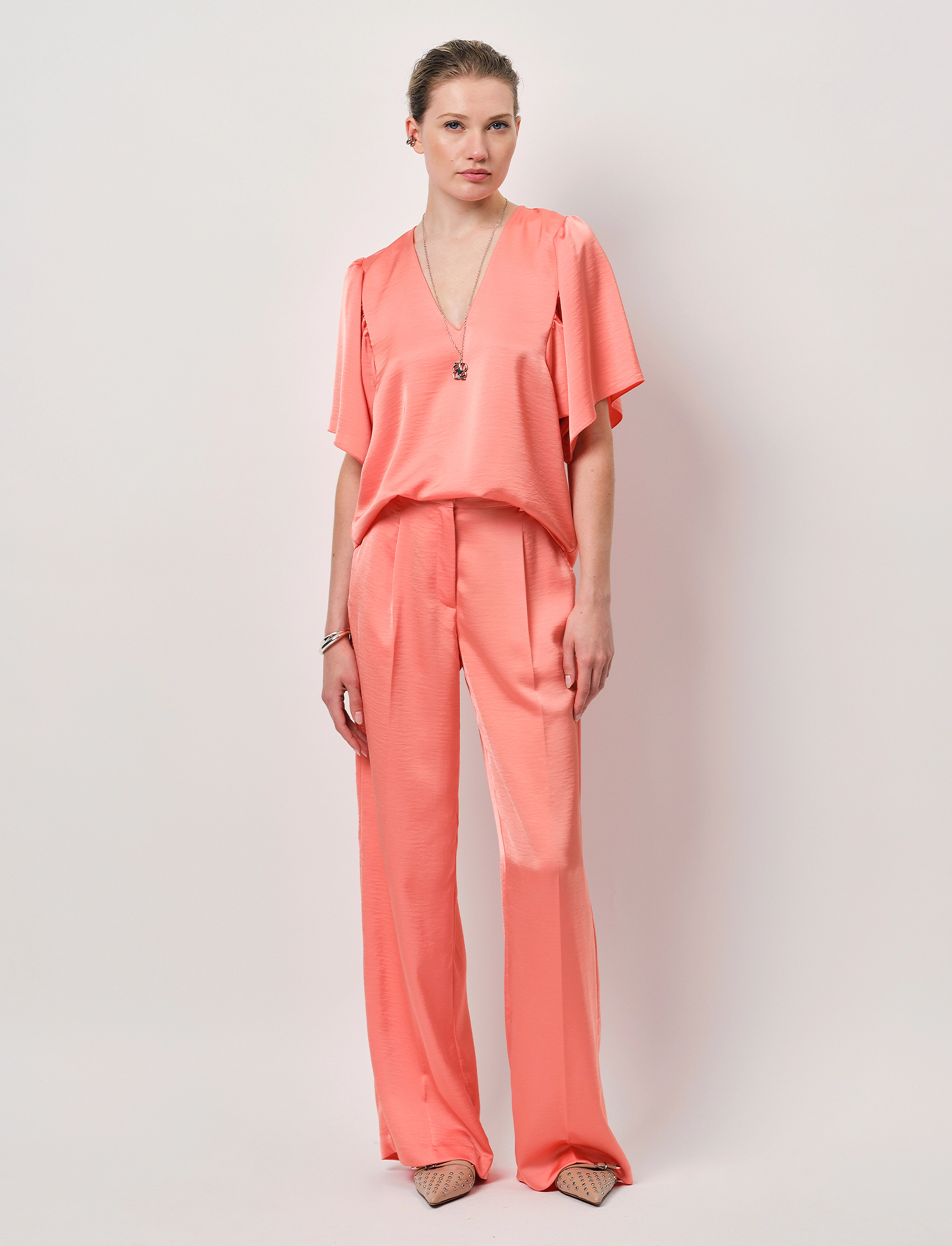 Dante6 -Jules Satin Smart Pants, Kvinder, Satin Vide Bukser, Koral, Str: 42