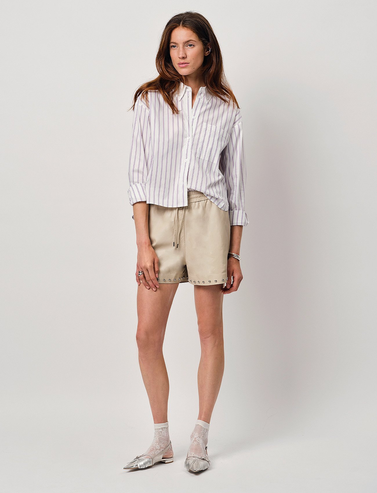 Dante6-Ginger studded leather shorts - SESAME
