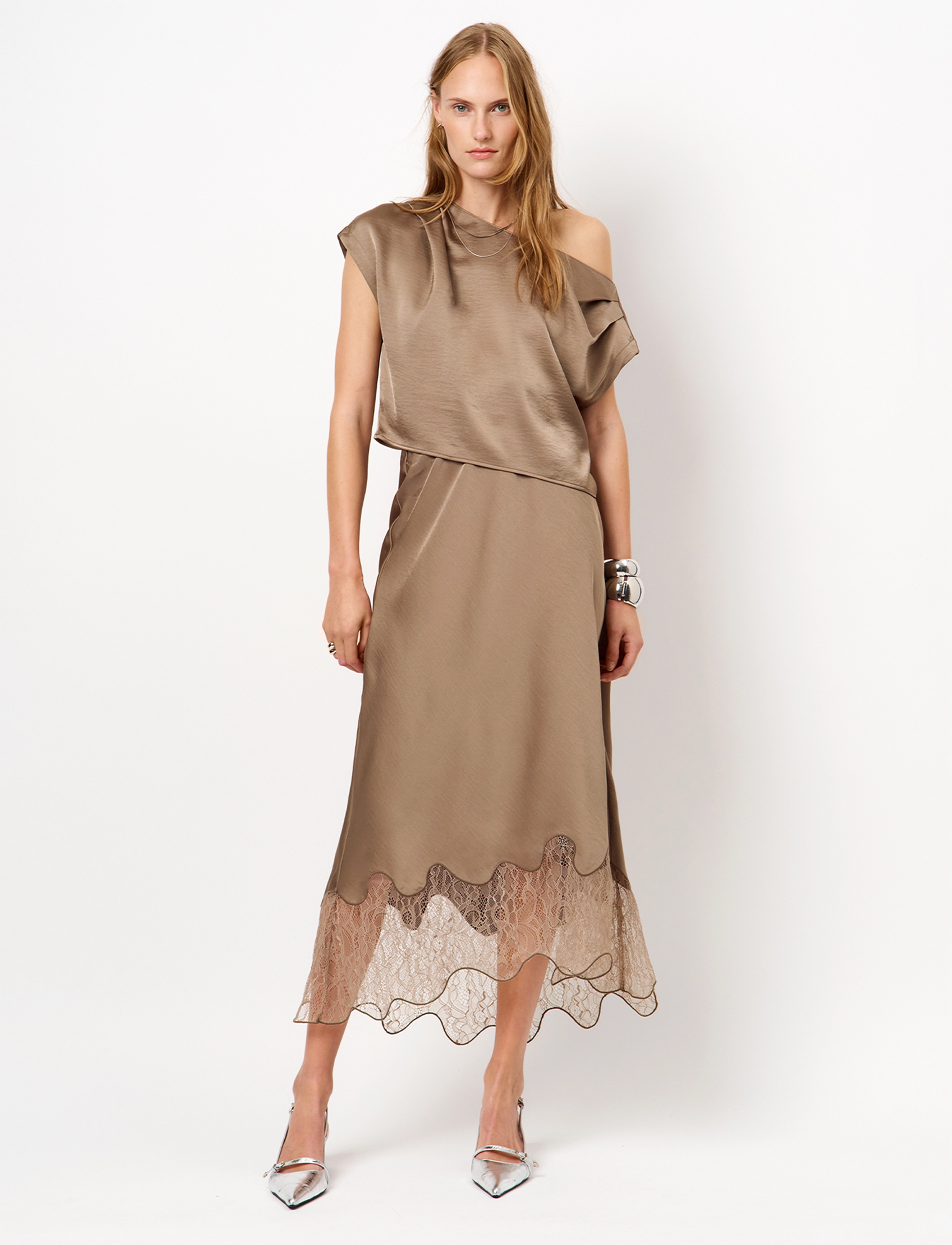 Dante6 Dante6-Amour satin lace detail skirt - Midi kjolar - STONE / brown