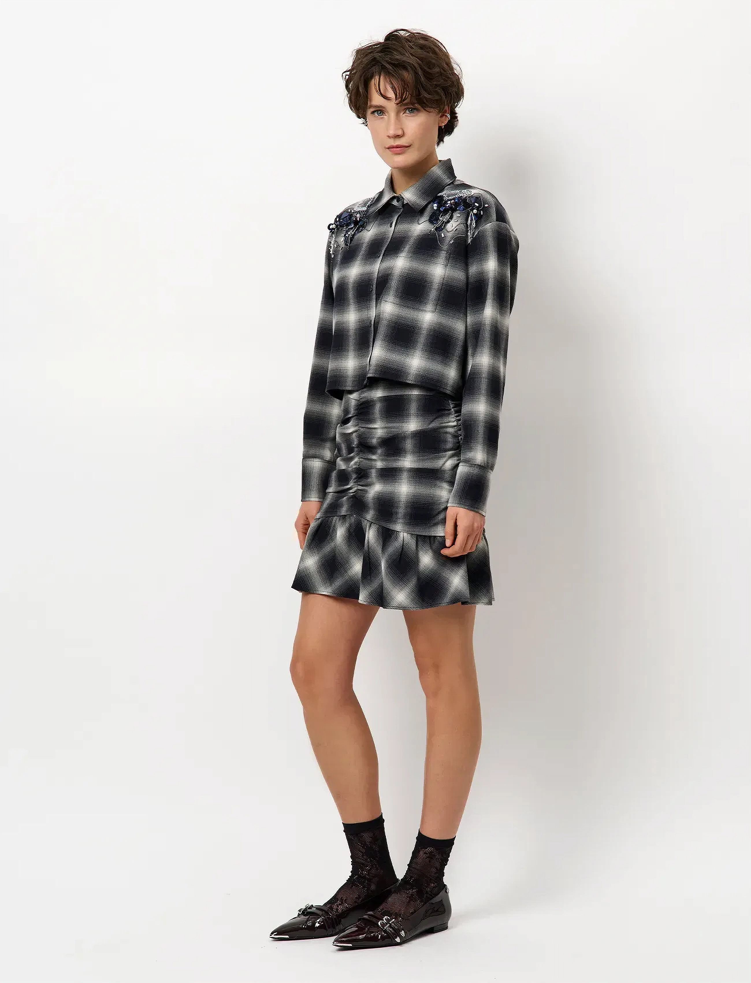 Dante6 Dante6-Eason Check Embellished Shirt, 36, Navy, Skjorter > Langærmede, Dame
