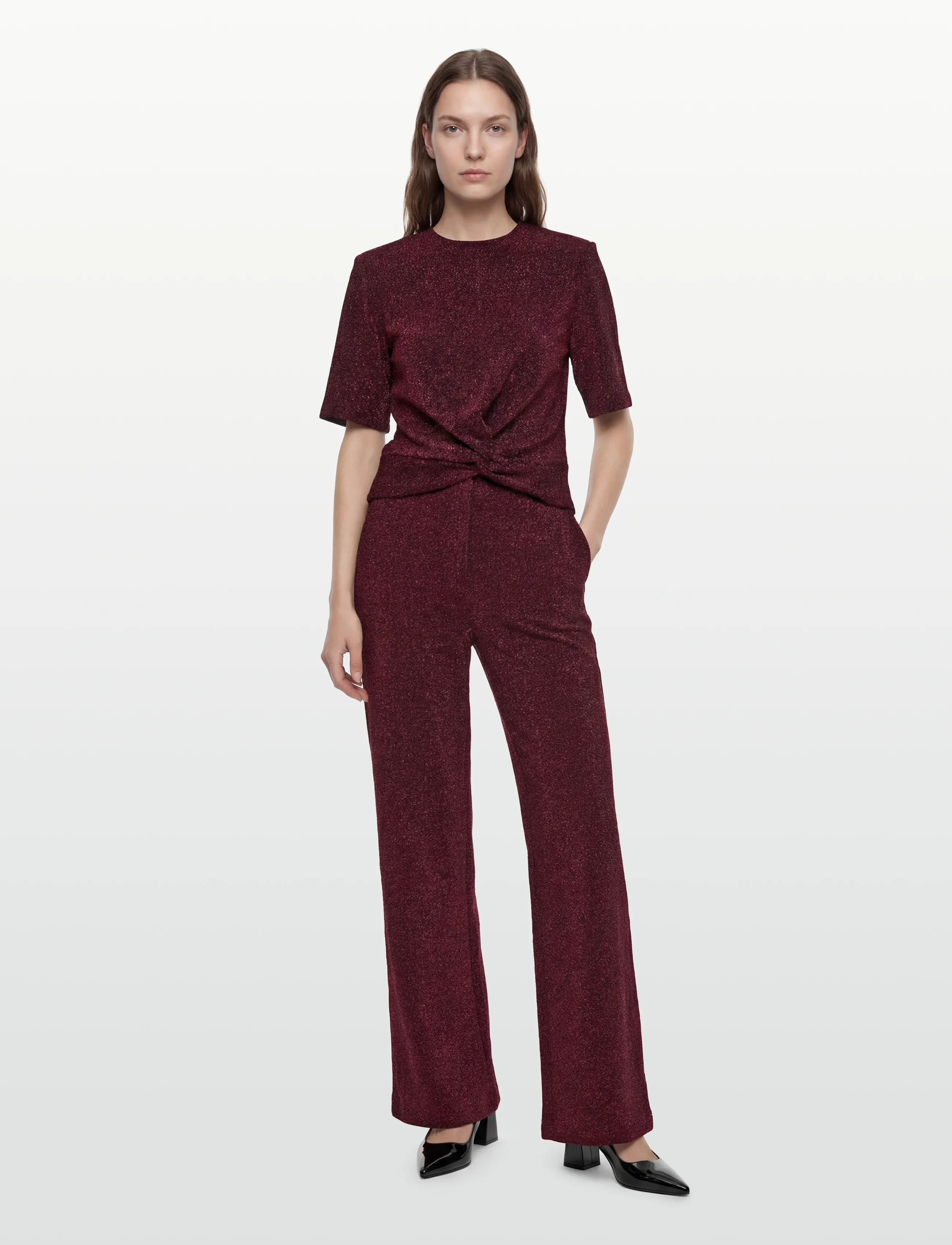 Dante6 -Noemia Lurex Pants, Kvinder, Højtaljede Vide Ben Lurex Bukser, Bordeaux, Str: 42