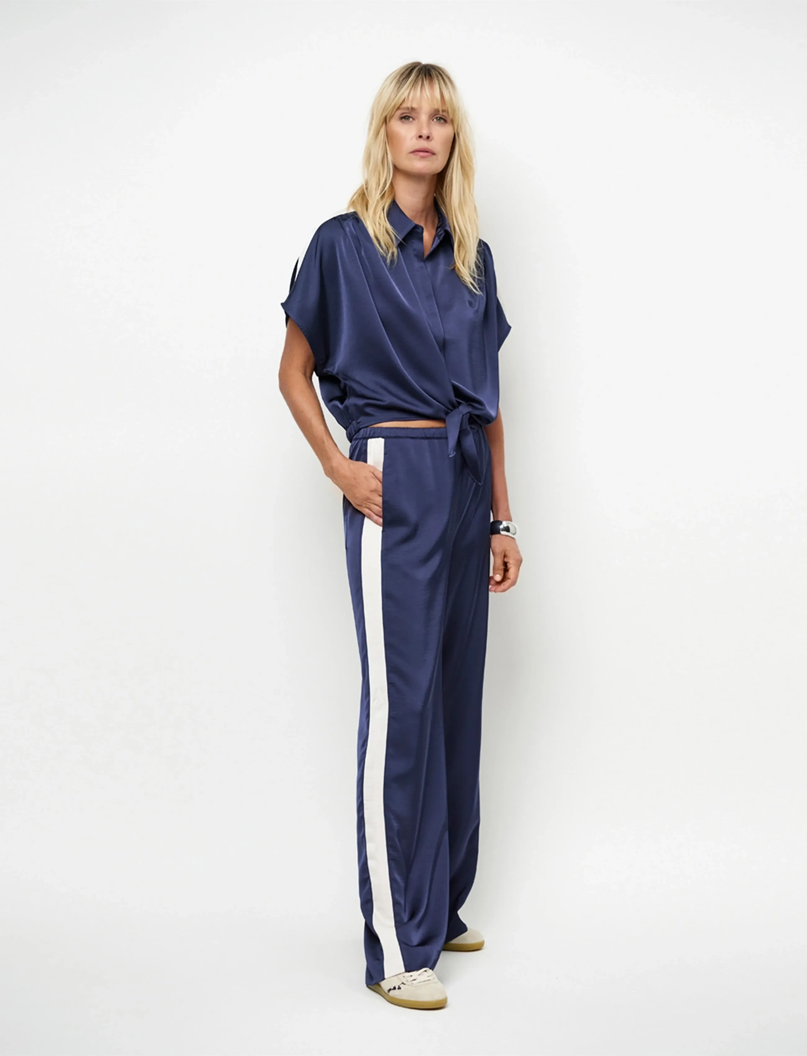 Dante6 -Dare Striped Satin Pants, 34, Trousers, Marineblau - Wide Leg, Frauen