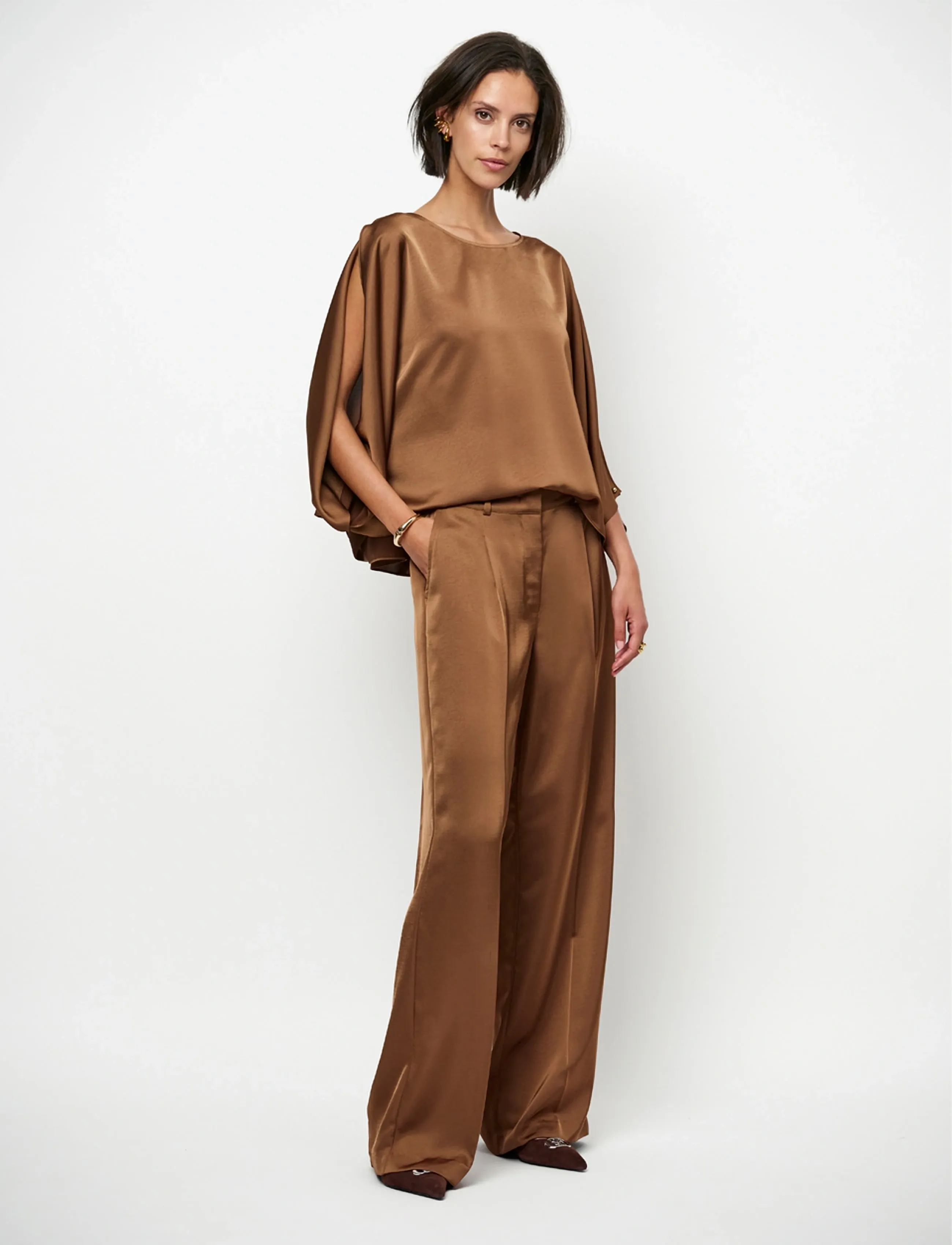 Dante6 Dante6-Jules Satin Smart Pants, 42, Brown, Bukser > Brede Ben, Dame