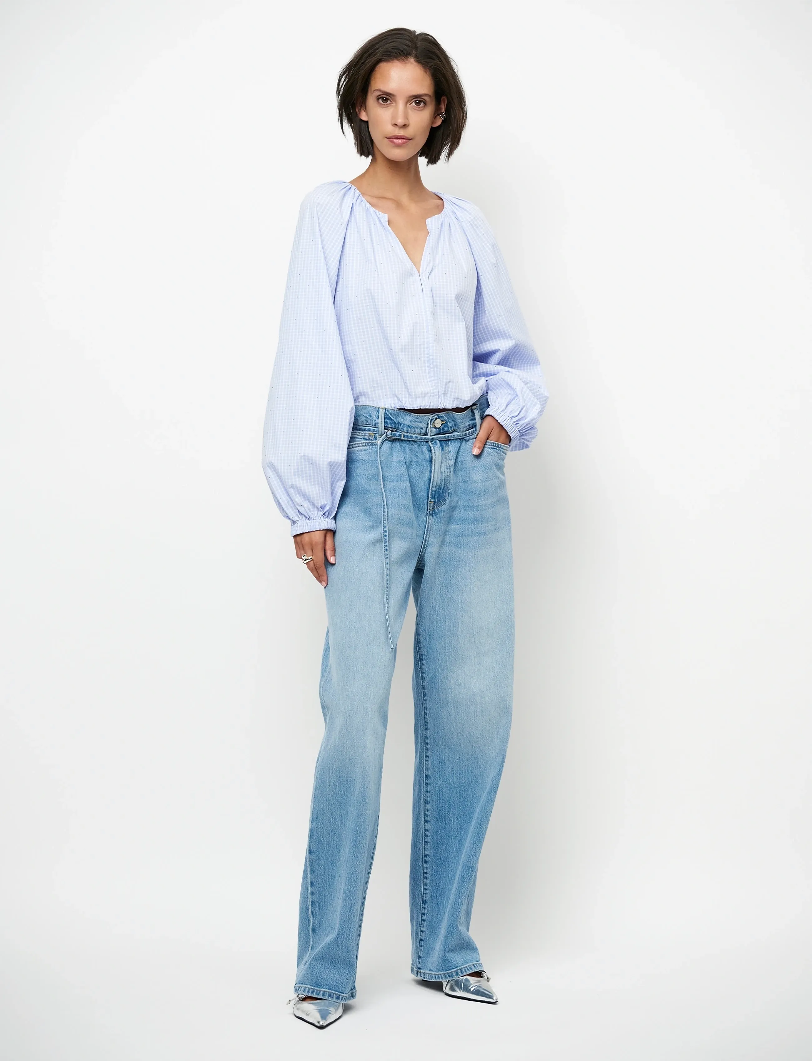 Dante6 Dante6-Orit check patterned balloon top - Blusen - BLUE MIST / blue