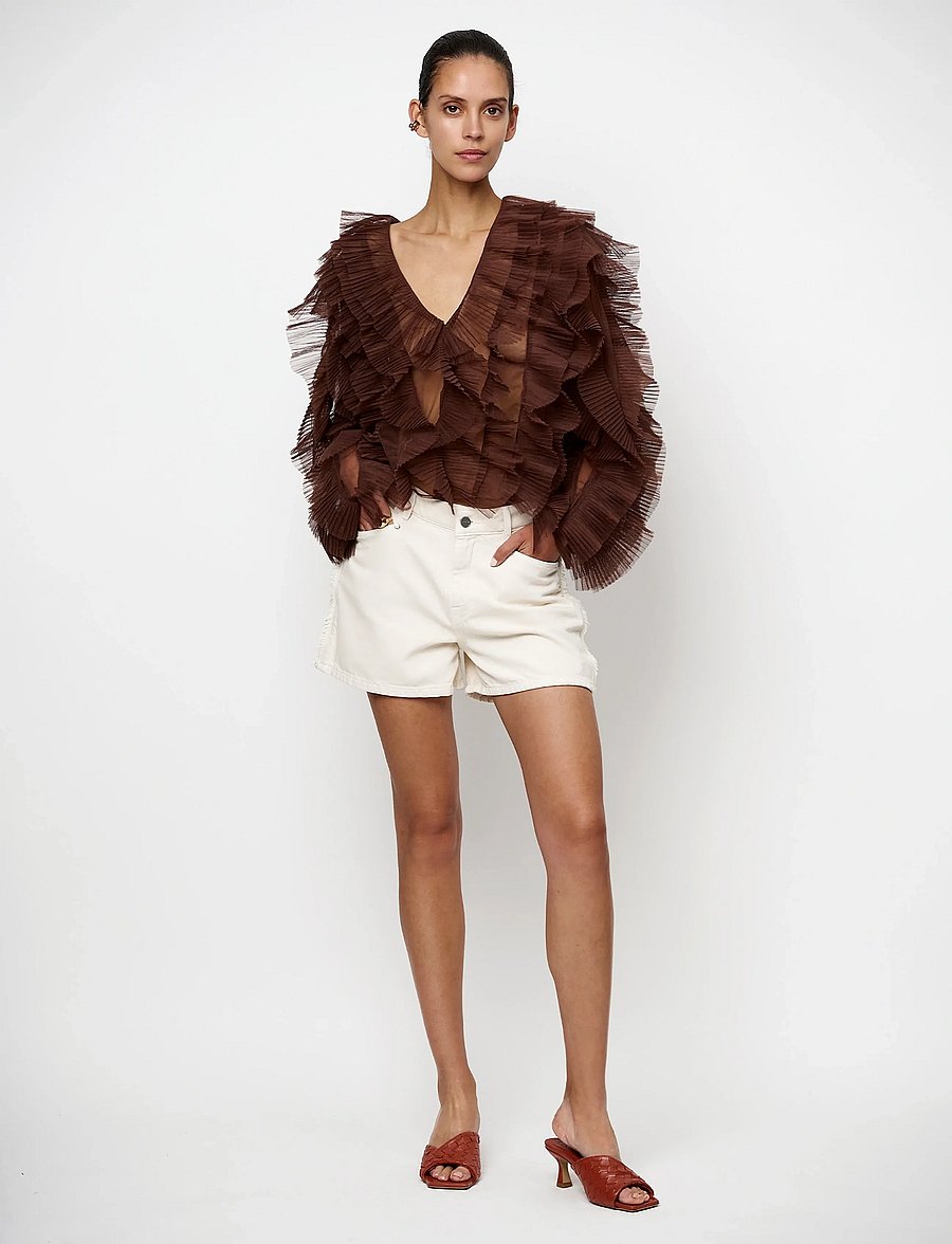 Dante6 - Dante6-Phora tulle ruffled top - pikkade varrukatega pluusid - chocolate brown - 0