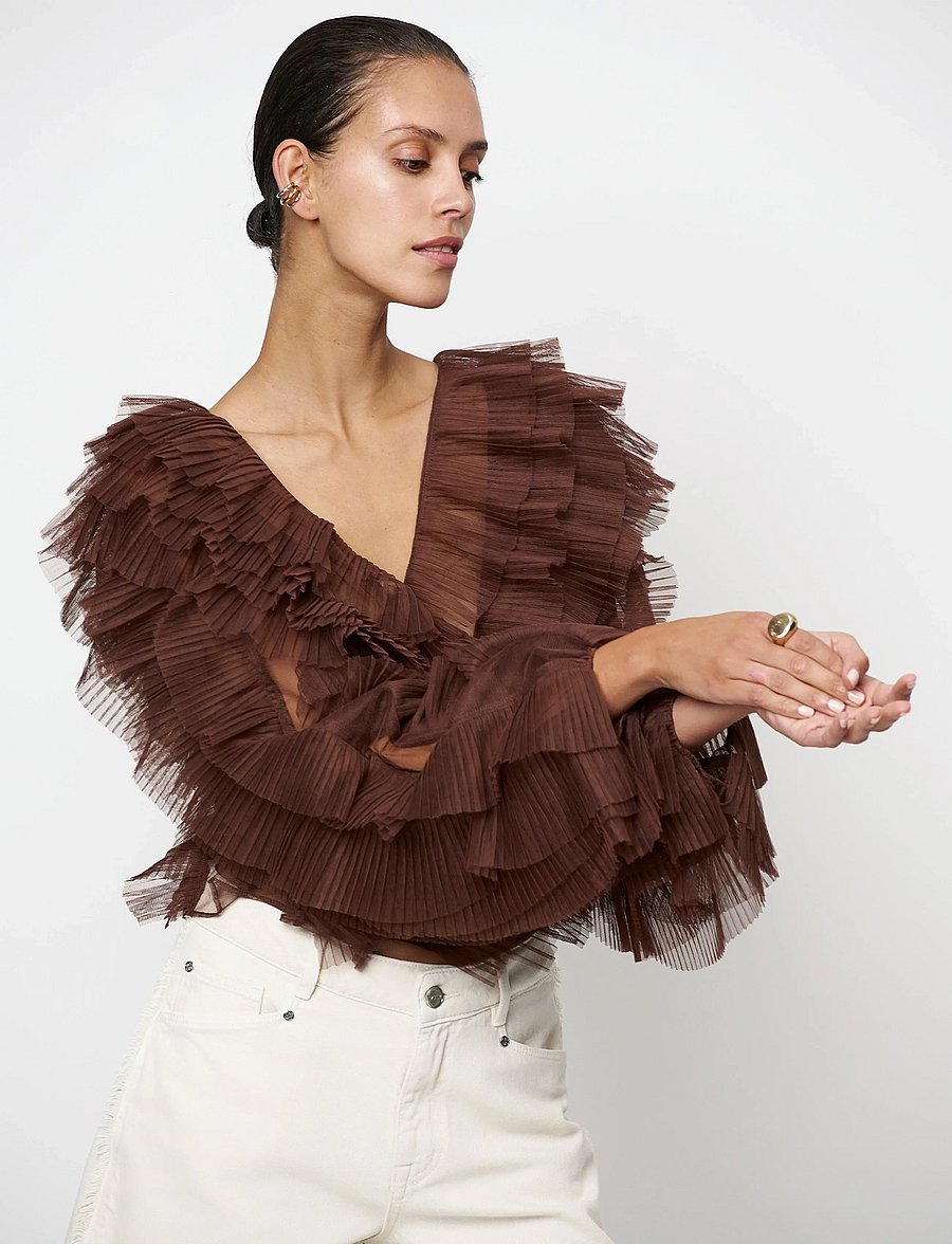 Dante6 - Dante6-Phora tulle ruffled top - pikkade varrukatega pluusid - chocolate brown - 3