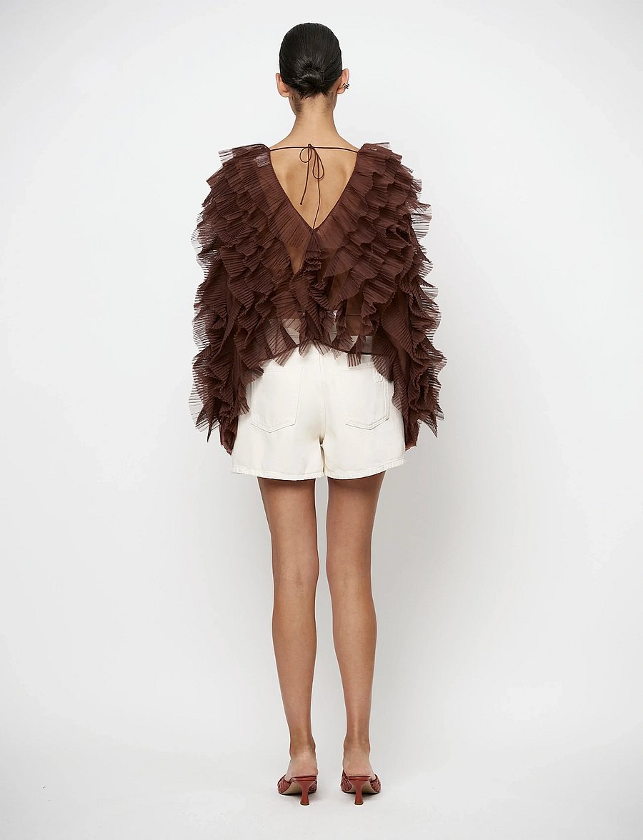 Dante6 - Dante6-Phora tulle ruffled top - pikkade varrukatega pluusid - chocolate brown - 4