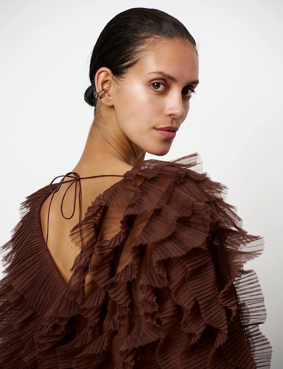 Dante6 - Dante6-Phora tulle ruffled top - pikkade varrukatega pluusid - chocolate brown - 5