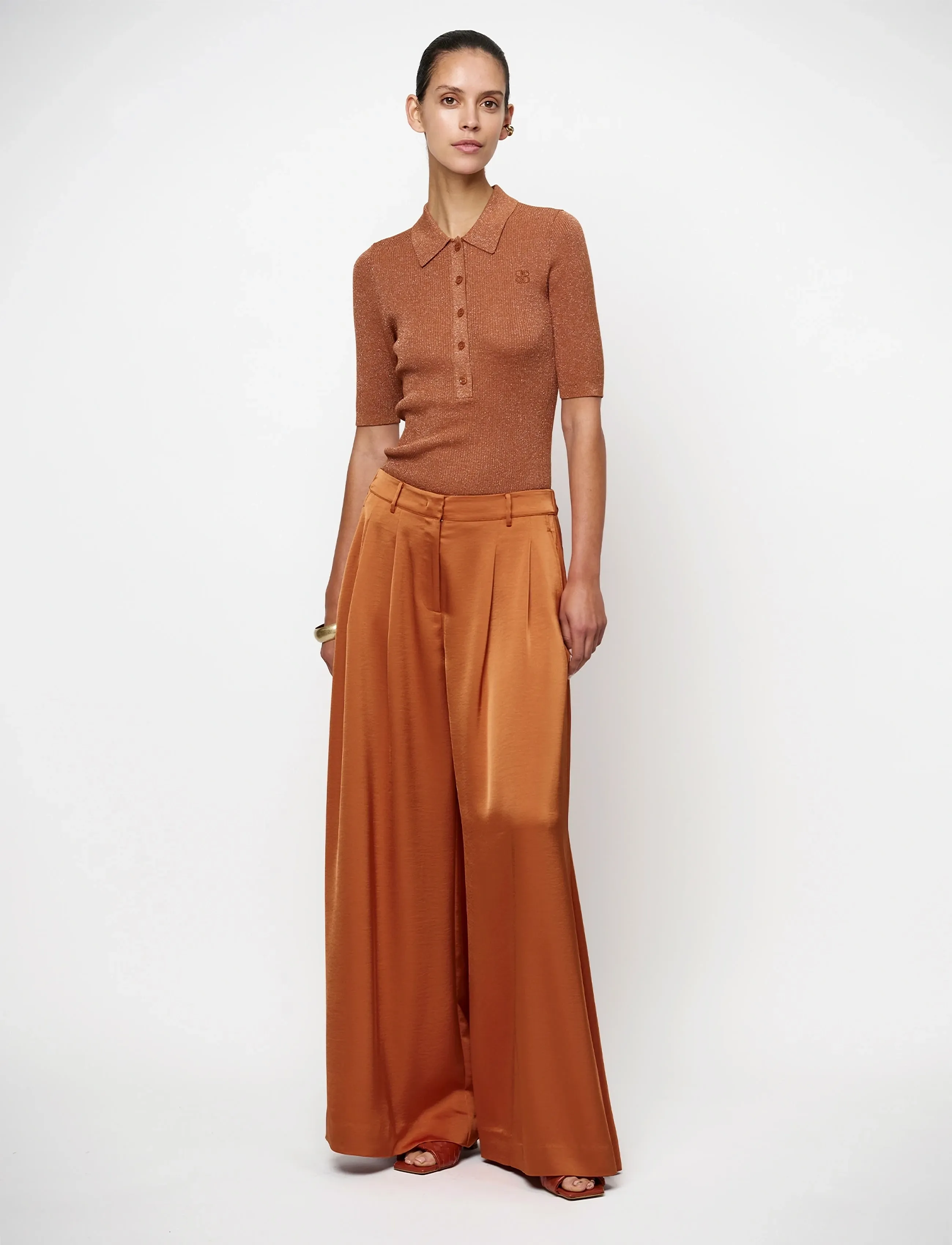Dante6 -Fayza Metallic Knitted Polo, L, T-shirts & Oberteile, Orange - Polos, Frauen