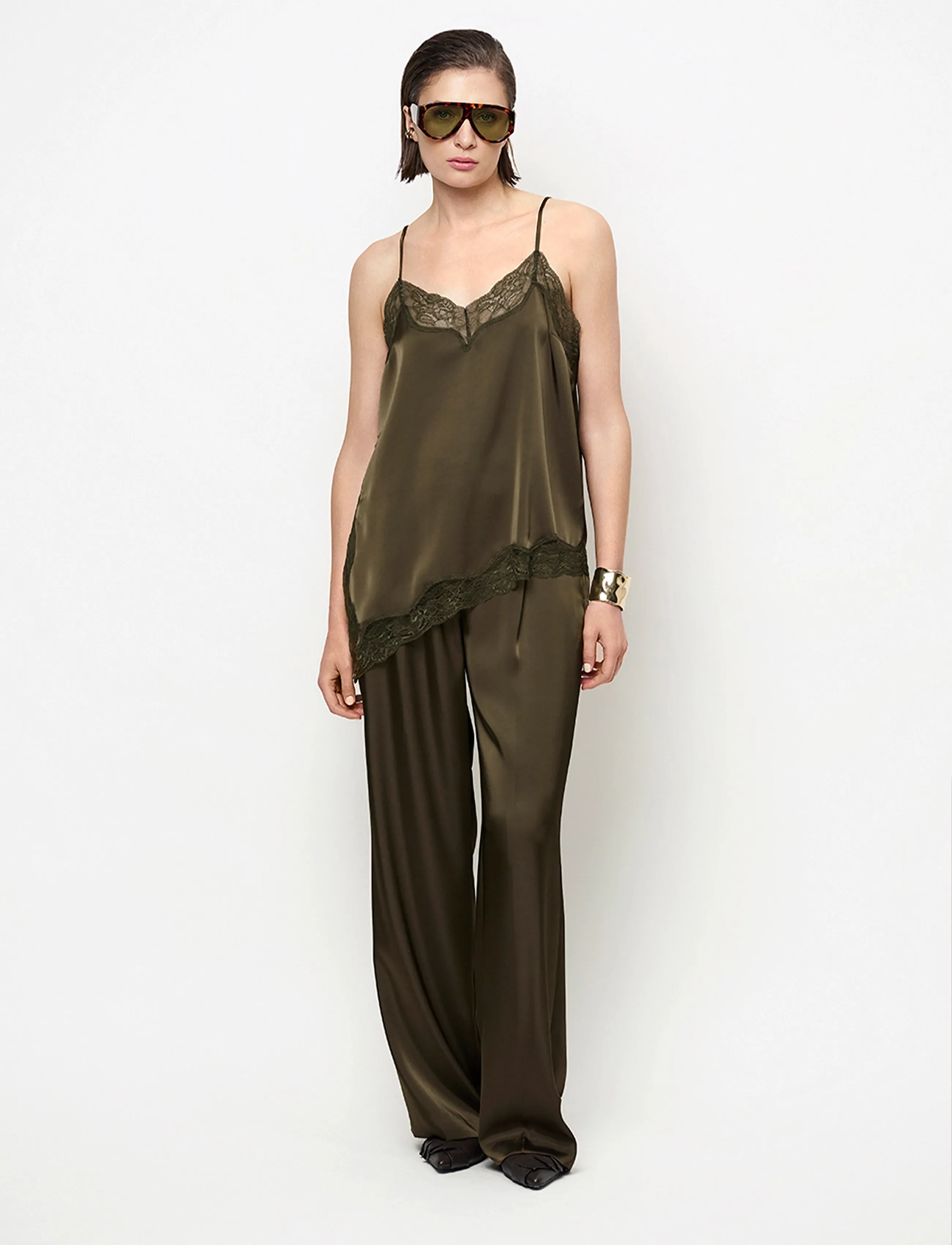 Dante6 Dante6-Dawna bold satin lace camisole - Varrukateta pluusid - MOSS OLIVE / khaki/green