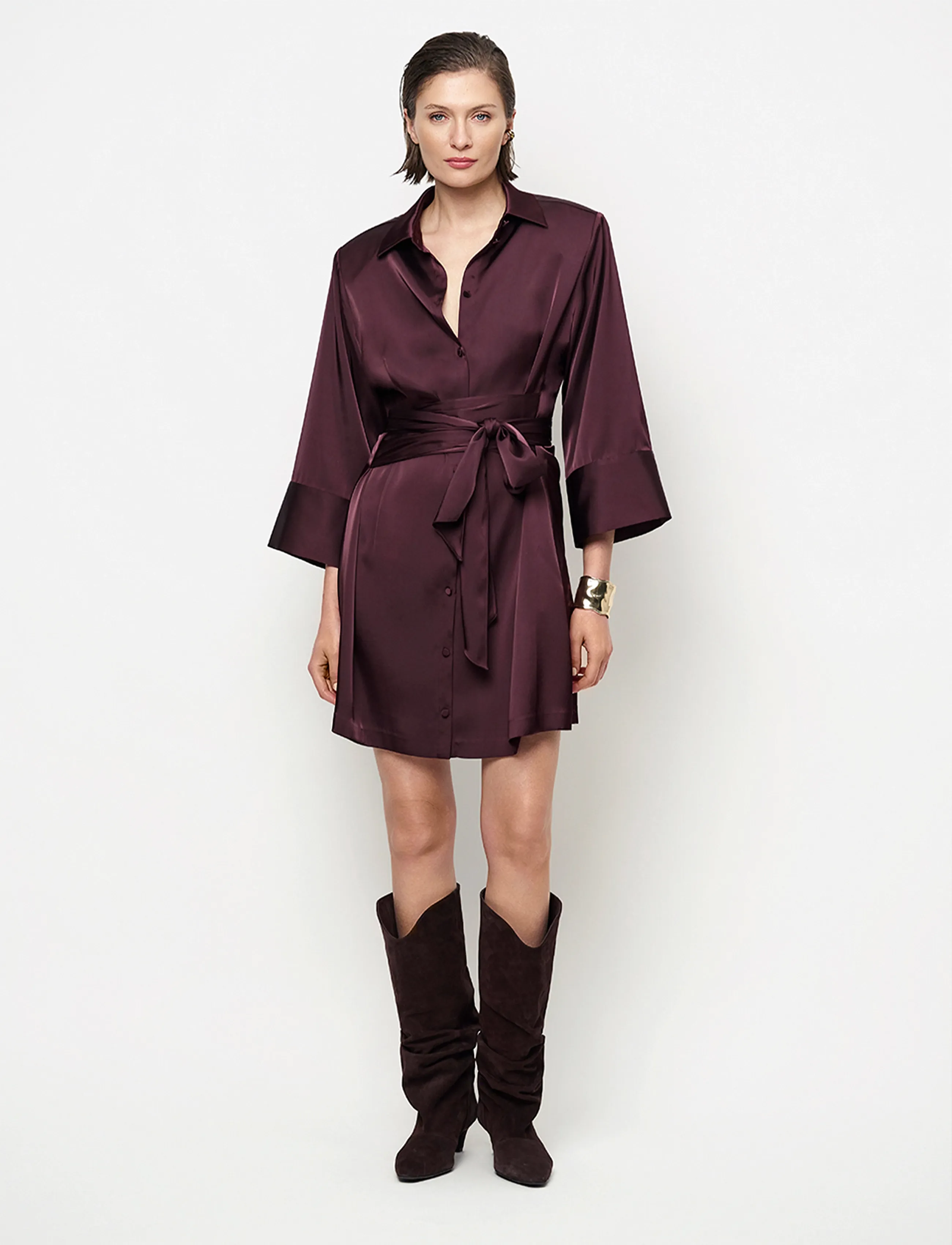Dante6 Dante6-Noanne bold satin shirt-wrap dress - Nyheder - DARK PLUM / burgundy