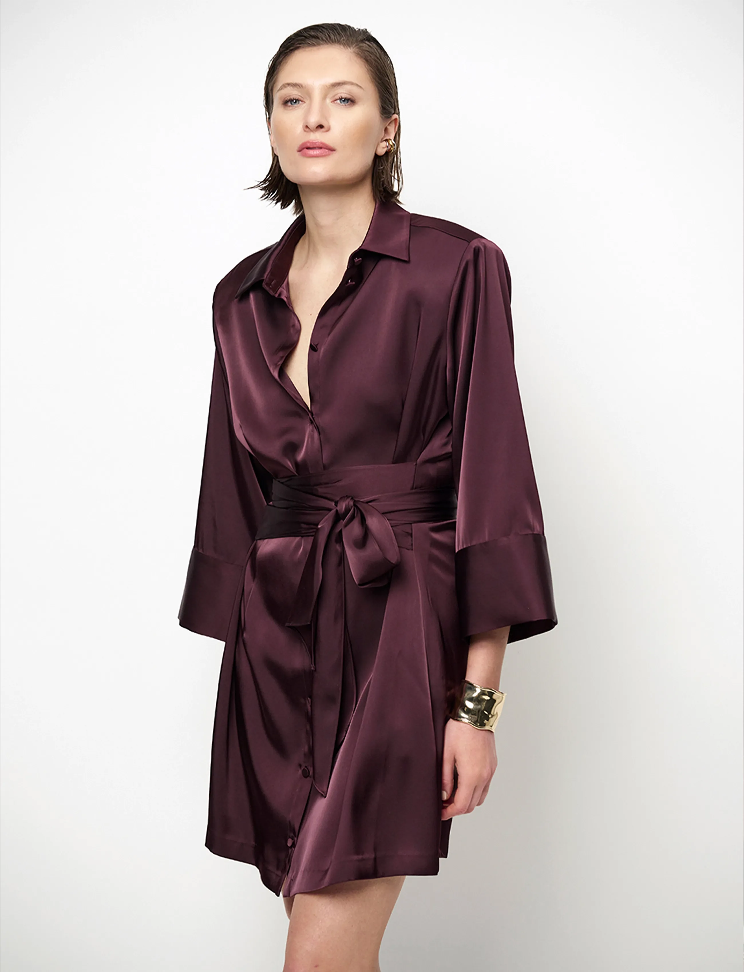 Dante6 - Dante6-Noanne bold satin shirt-wrap dress - slå-om-kjoler - dark plum - 5