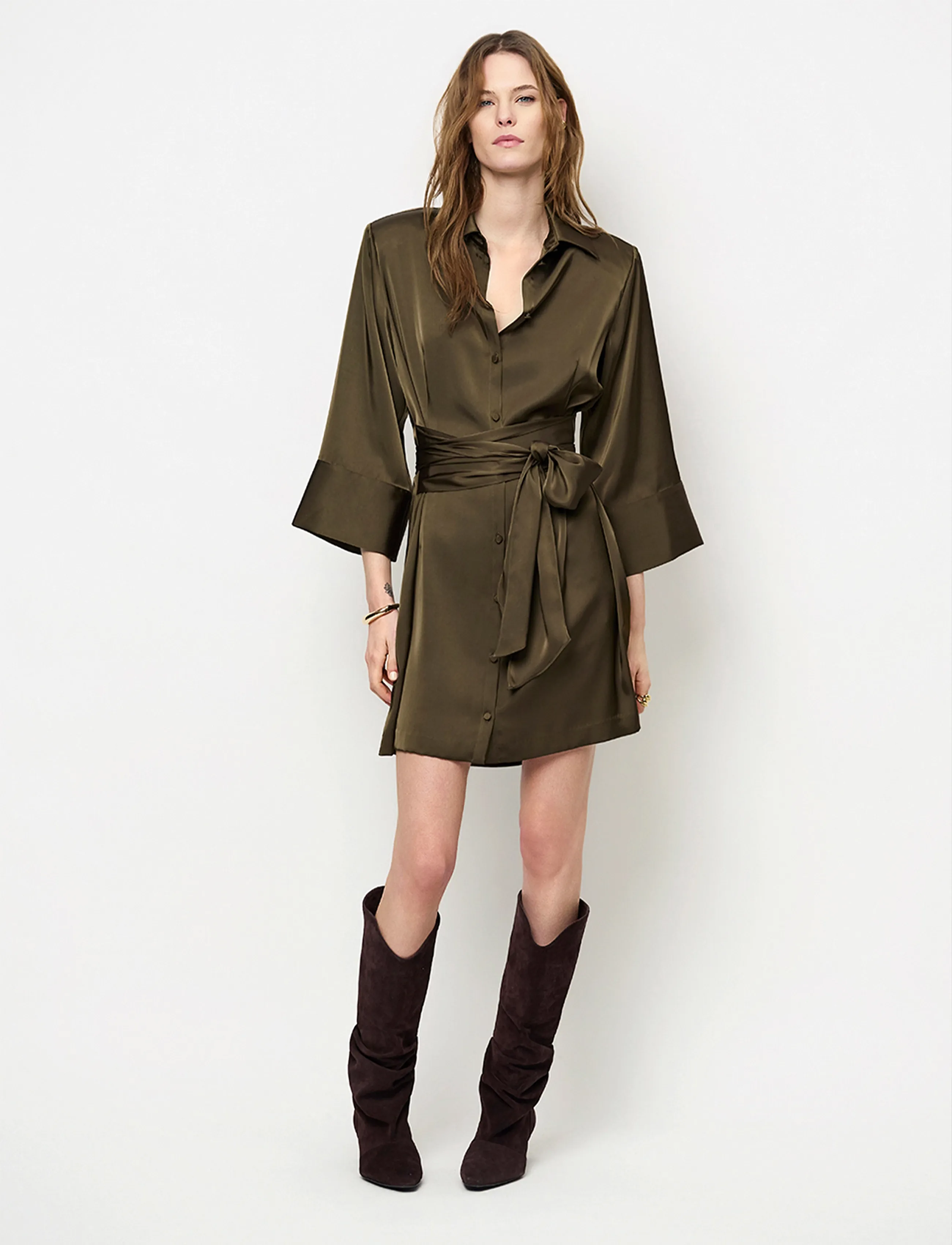 Dante6 Dante6-Noanne bold satin shirt-wrap dress - Wrap Dresses - MOSS OLIVE / khaki/green