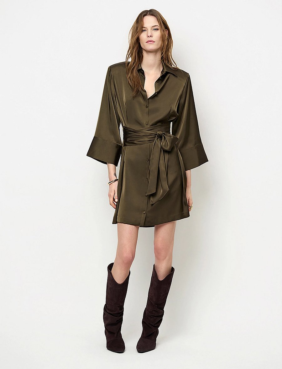 Dante6 - Dante6-Noanne bold satin shirt-wrap dress - moss olive - 0