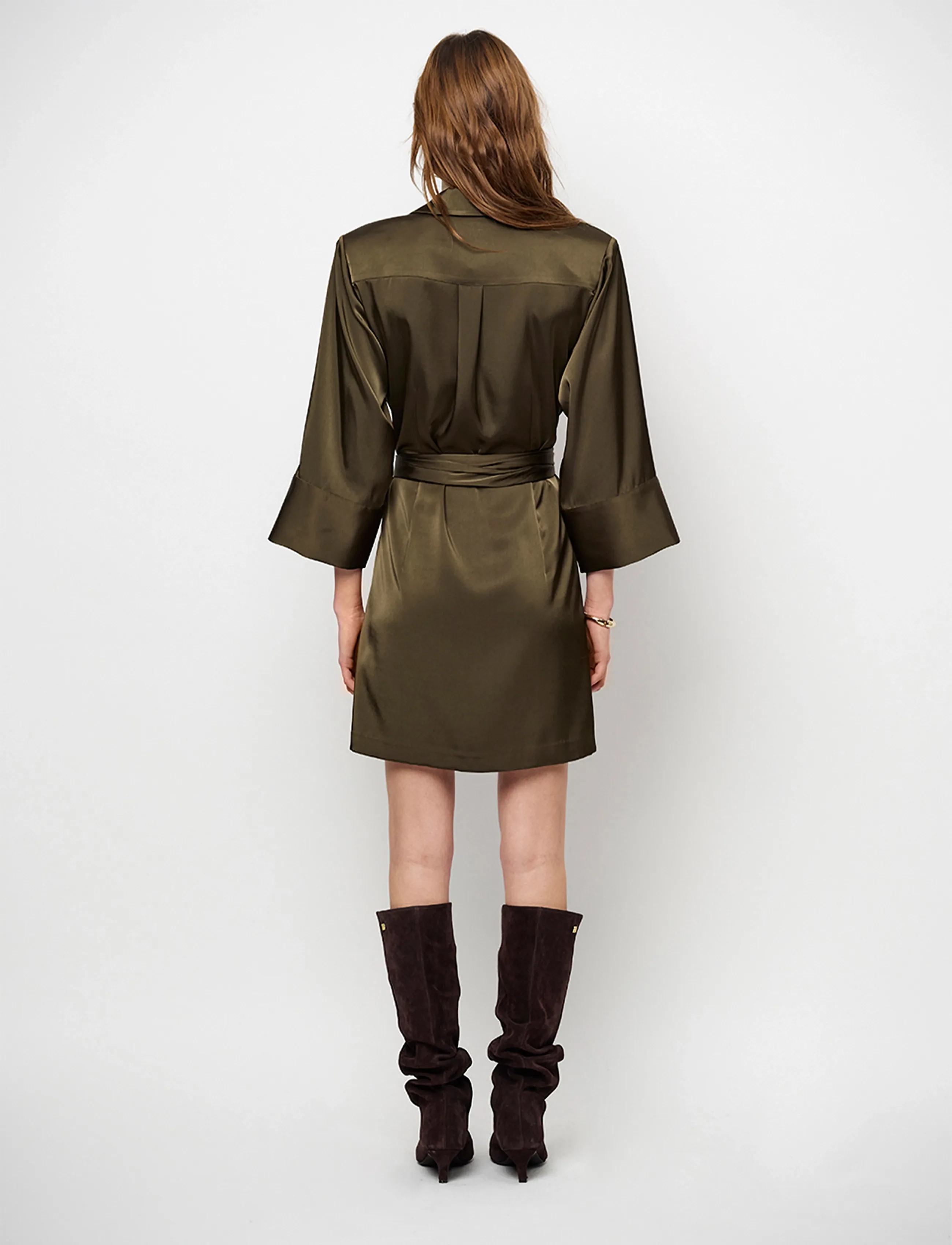 Dante6 - Dante6-Noanne bold satin shirt-wrap dress - moss olive - 3