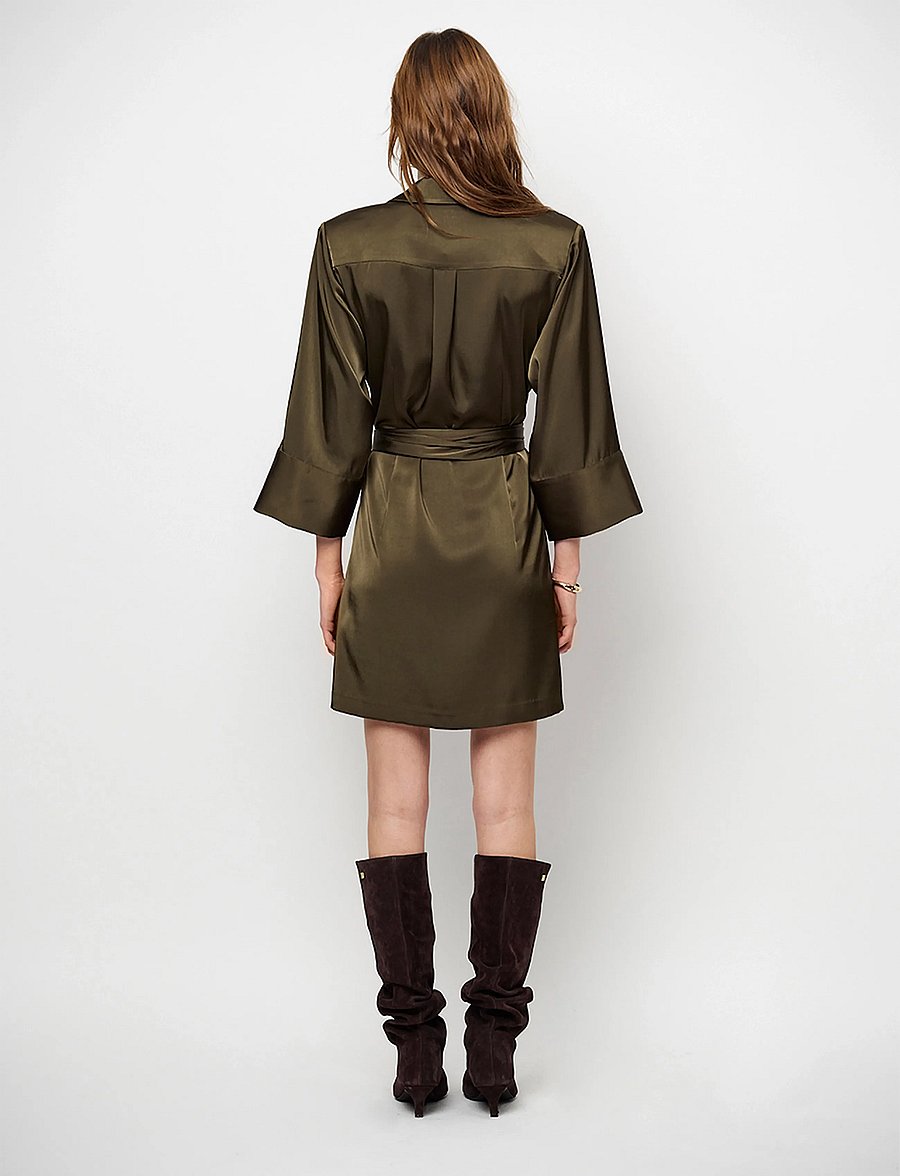 Dante6 - Dante6-Noanne bold satin shirt-wrap dress - moss olive - 3