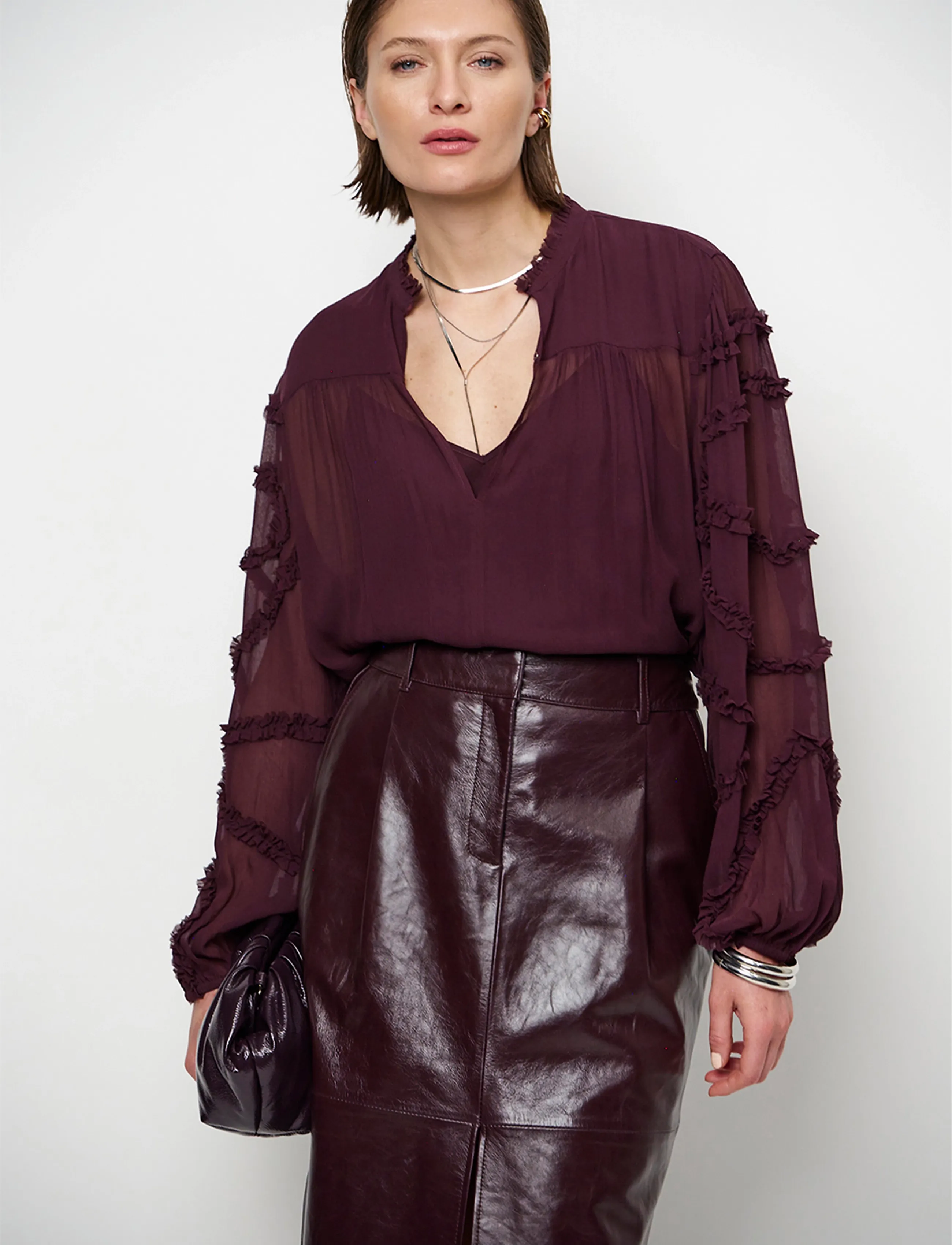 Dante6 - Dante6-Lara ruffle detail blouse - långärmade blusar - dark plum - 4