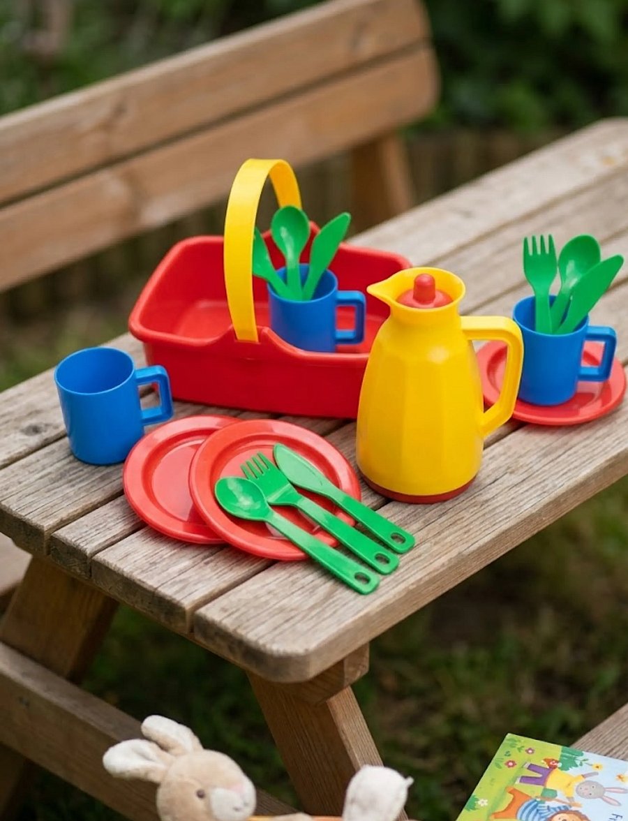 Dantoy - PICNIC SET IN NET 18 PCS - zabawkowe akcesoria kuchenne - red, blue, yellow, green - 0