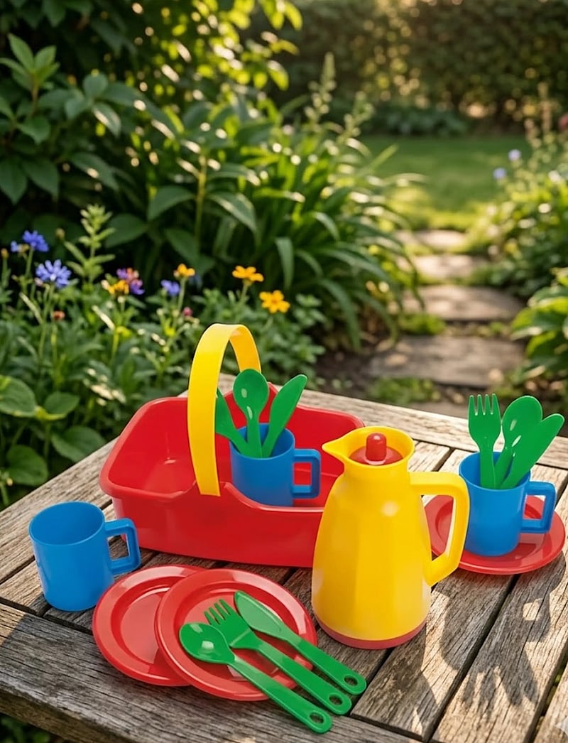 Dantoy - PICNIC SET IN NET 18 PCS - fylgihlutir fyrir leikfangaeldhús - red, blue, yellow, green - 5