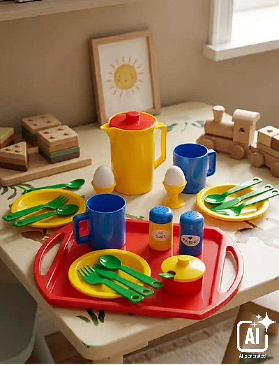 Dantoy - BREAKFAST SET ON TRAY IN NET 23 PCS - kaffesæt & tesæt - green, red, yellow, blue - 5