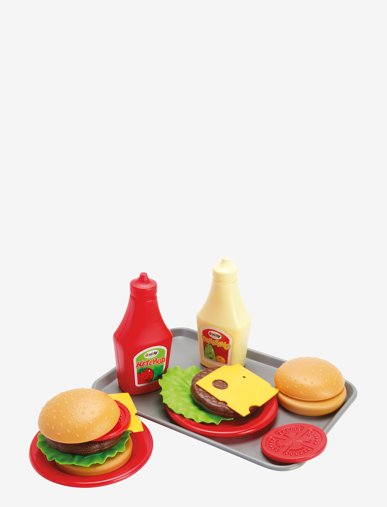 Dantoy - BURGER SET ON TRAY 17 PCS - legemad & legekager - red, green, yellow, brown - 0