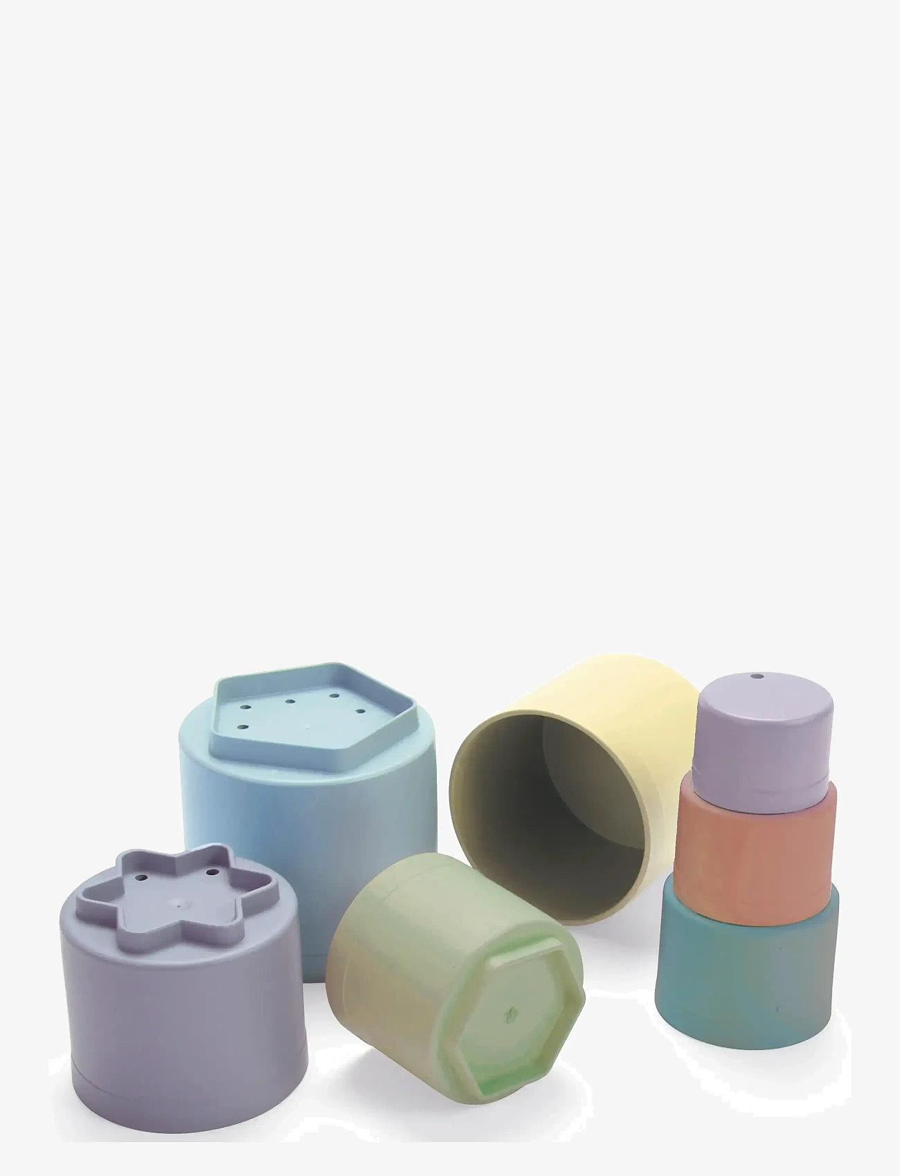 Dantoy - FT PLAY CUPS IN NET 7 PCS - stapelbara klossar - blue, green, light gray-violet, light yellow, old pink, pastel blue - 1