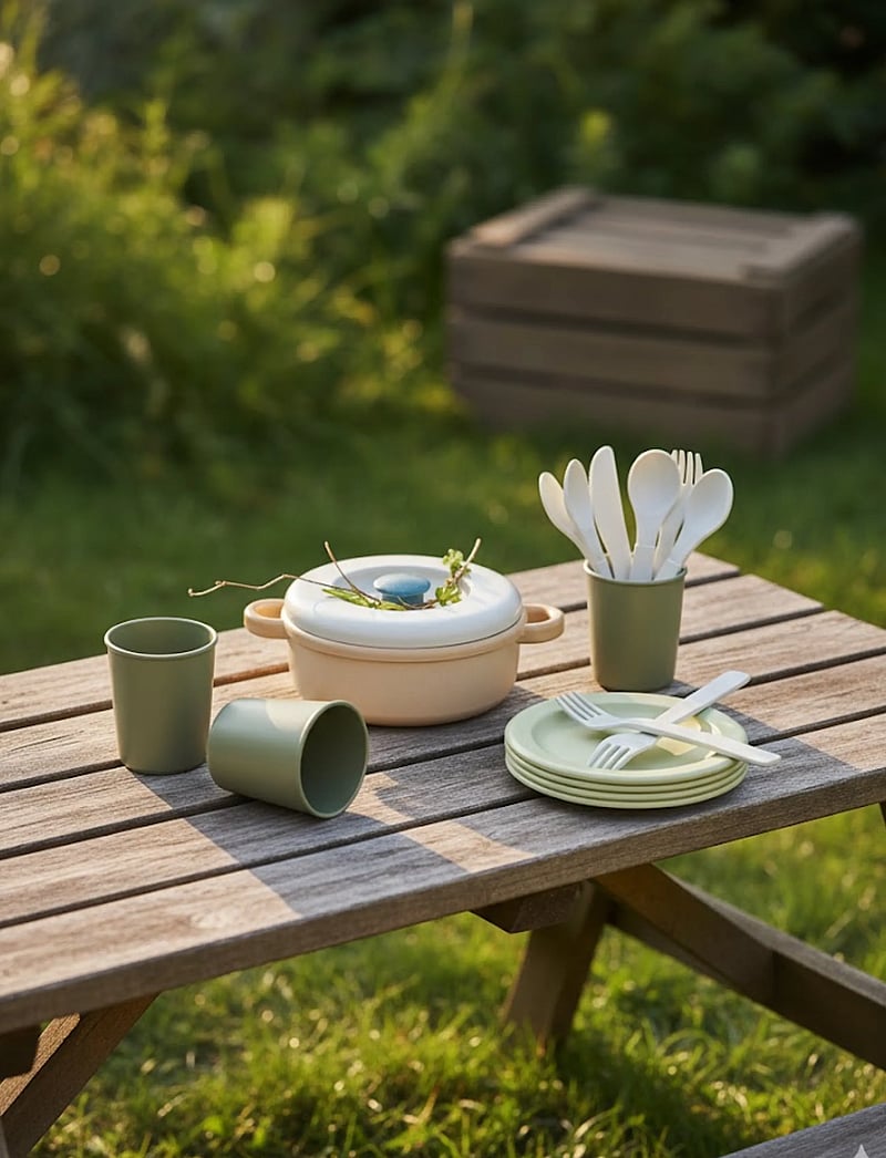 Dantoy - BIO DINNER SET IN GIFT BOX - toy kitchen accessories - military green, warm gray, petrol blue, dusty orange; warm gray - 3