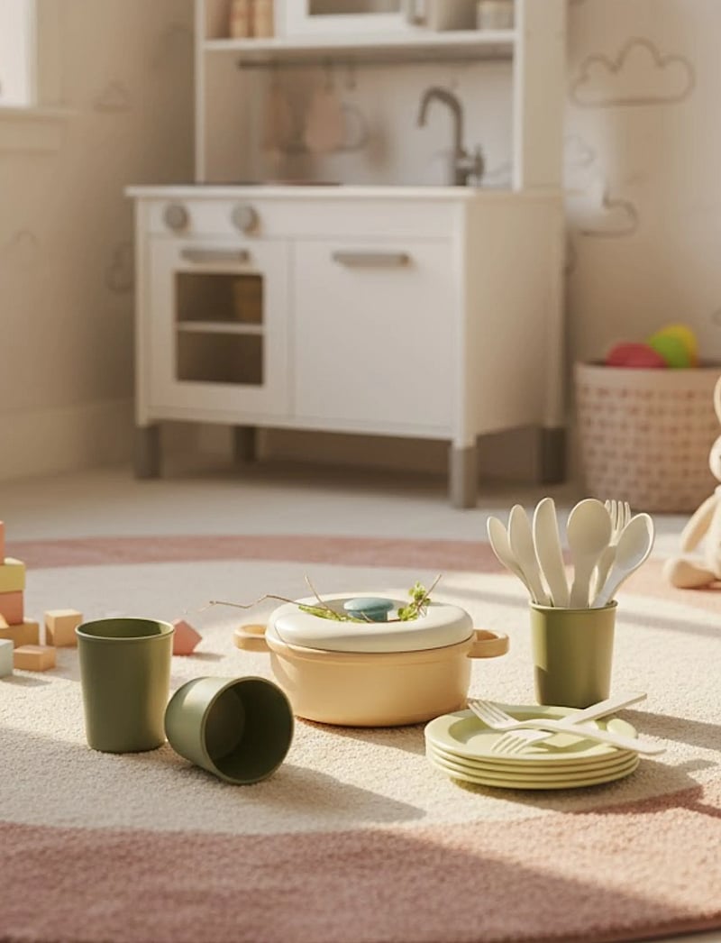 Dantoy - BIO DINNER SET IN GIFT BOX - toy kitchen accessories - military green, warm gray, petrol blue, dusty orange; warm gray - 4