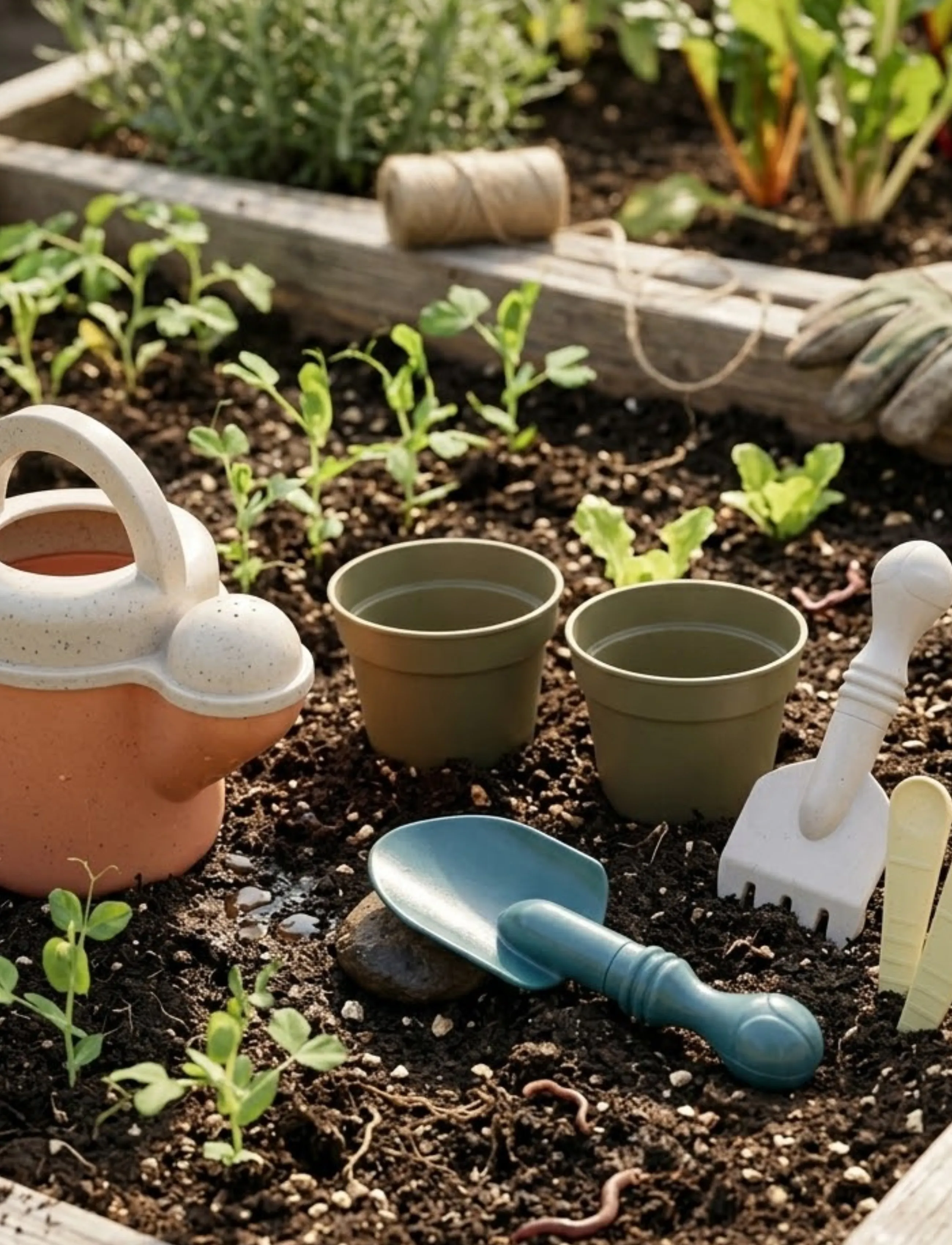Dantoy - BIO PLANTING SET WITH WATERING CAN - uteleksaker - gray, dustyorange, militairy green, petroleumsblue - 0