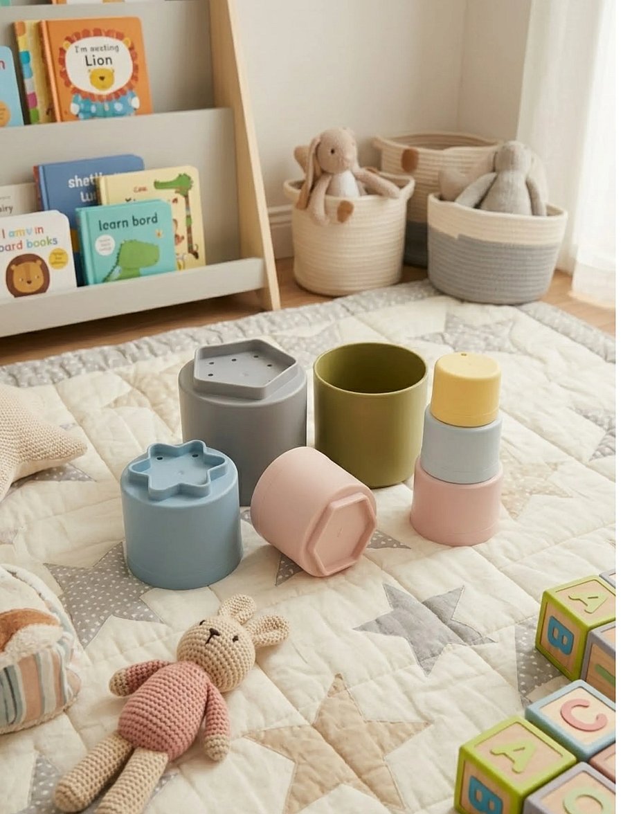 Dantoy - TINY BIO PLAY CUPS - 6+ MONTHS - stapelbare blokk - dusty-blue, army-green, dusty-pink, dusty-yellow, grey - 0
